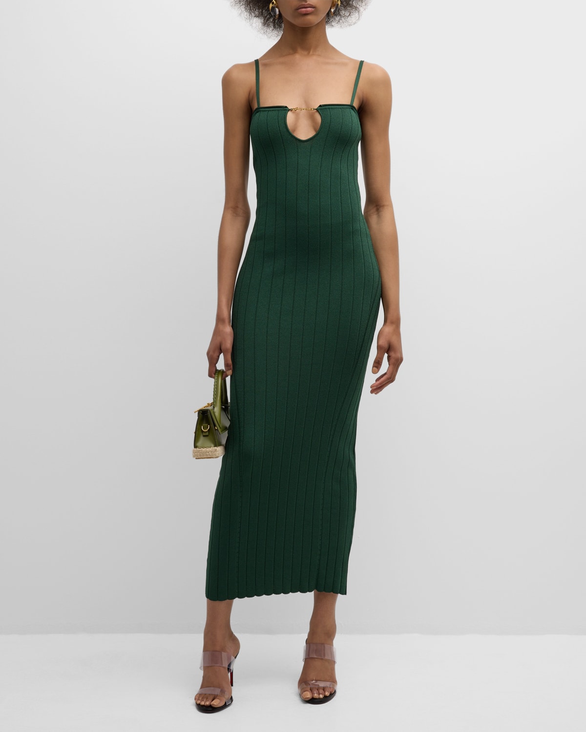 Shop Jacquemus Sierra Bretelles Sleeveless Rib Knit Midi Dress In Dark Green