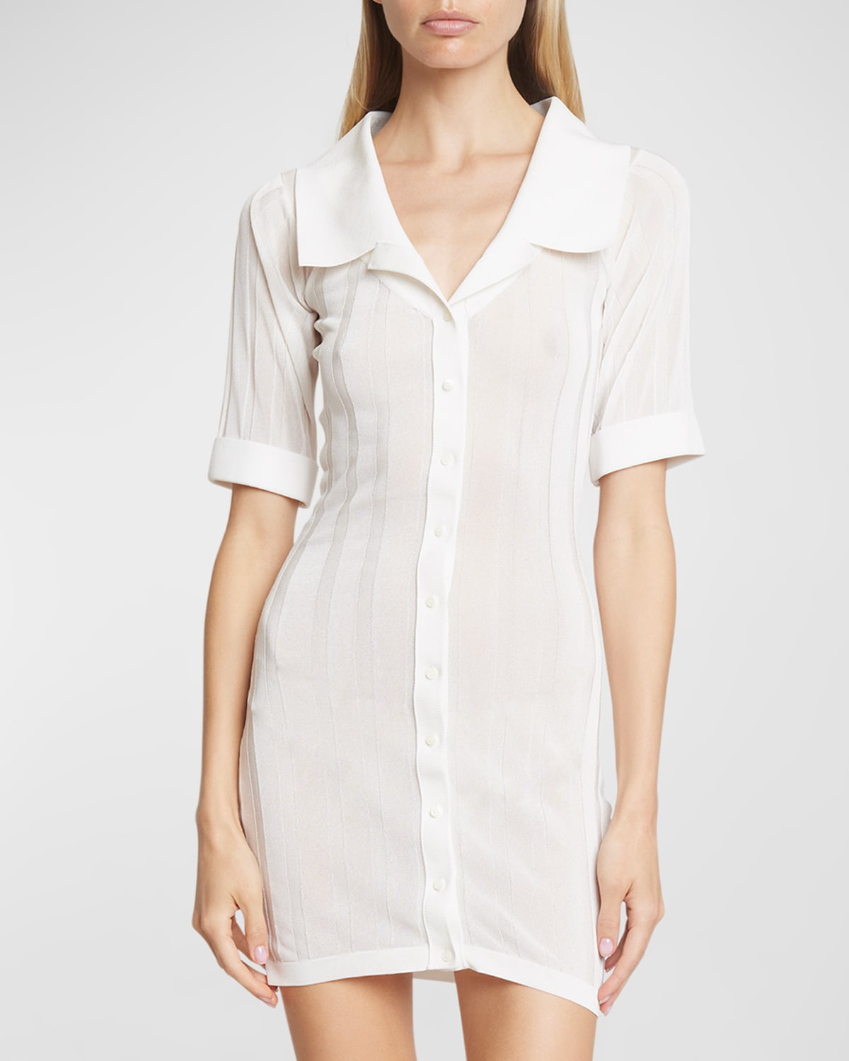 Jacquemus Manta Short-sleeve Sheer Wide-rib Mini Shirtdress In White