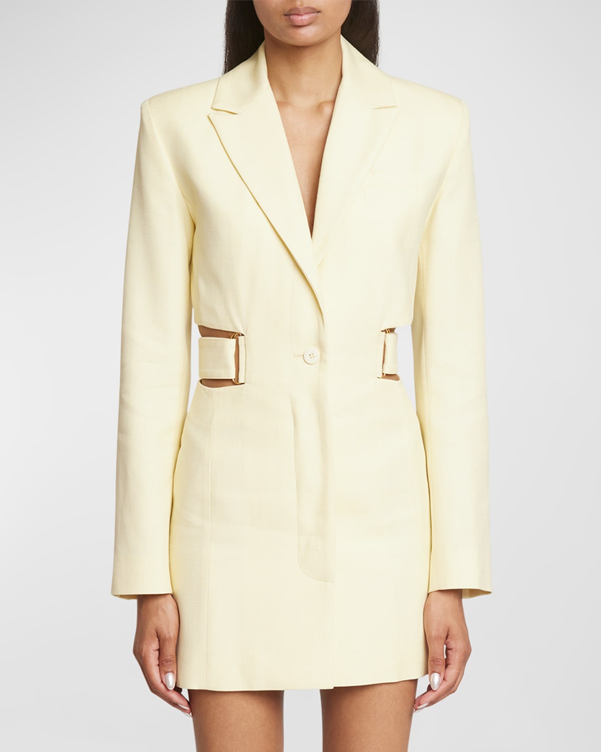 Shop Jacquemus Bari Belted Cutout Single-breasted Mini Blazer Dress In Pale Yellow