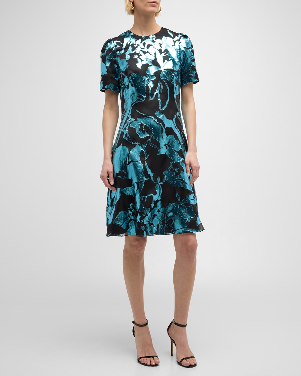 Metallic Floral Fil Coupe Short-Sleeve Cocktail Dress