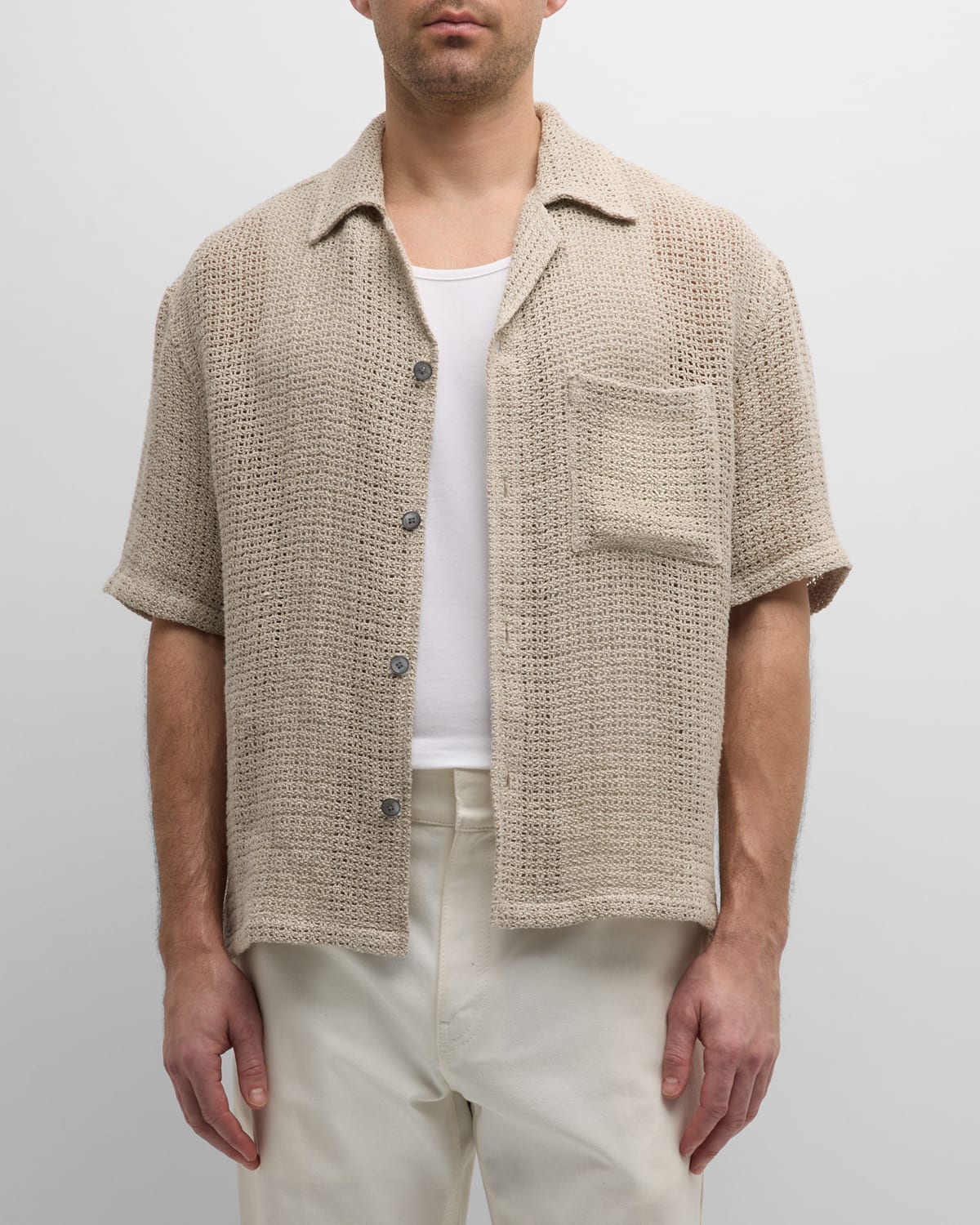 Shop Frame Men's Linen Open Weave Overshirt In Smoke Beig