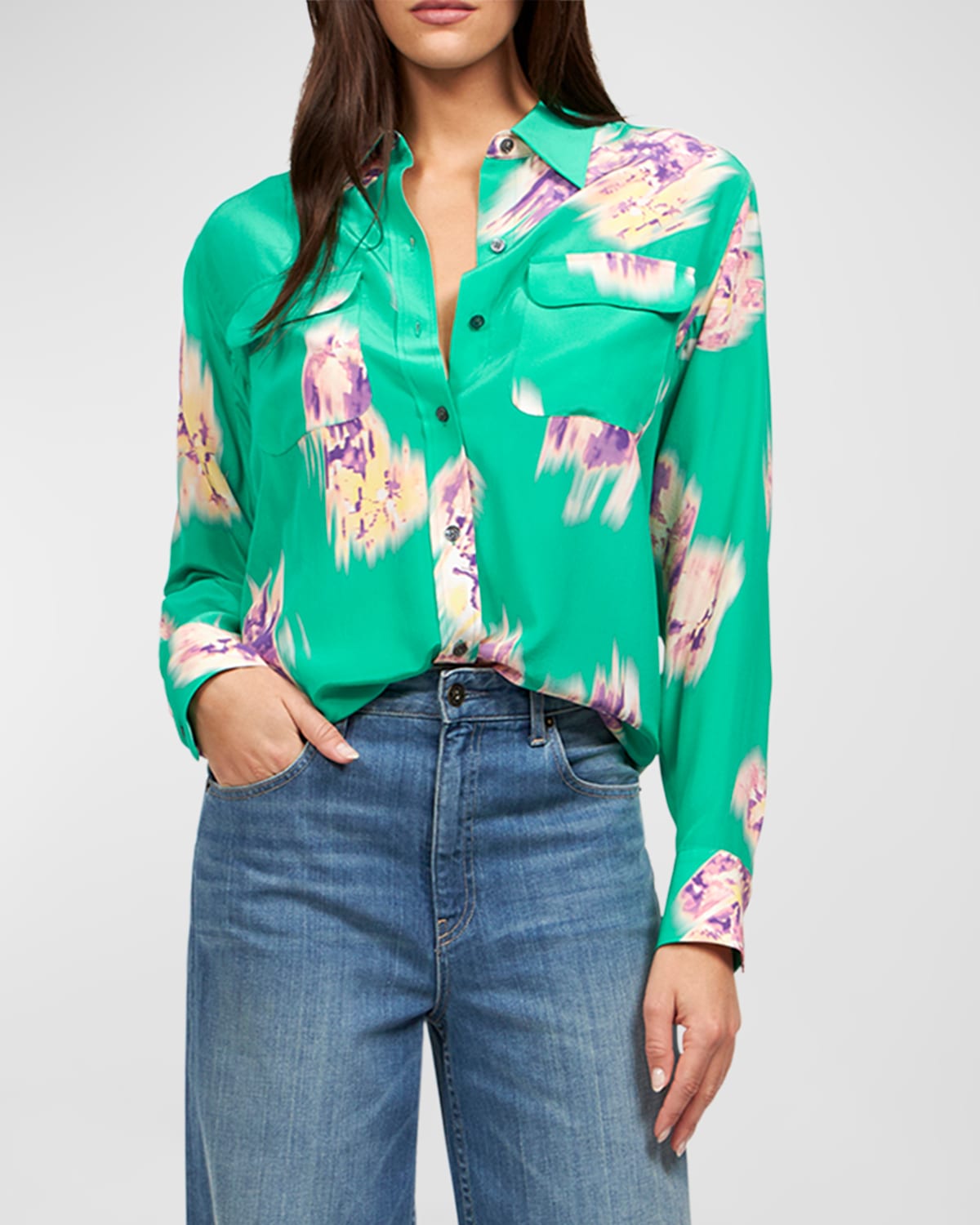 Abstract-Print Button-Down Silk Blouse