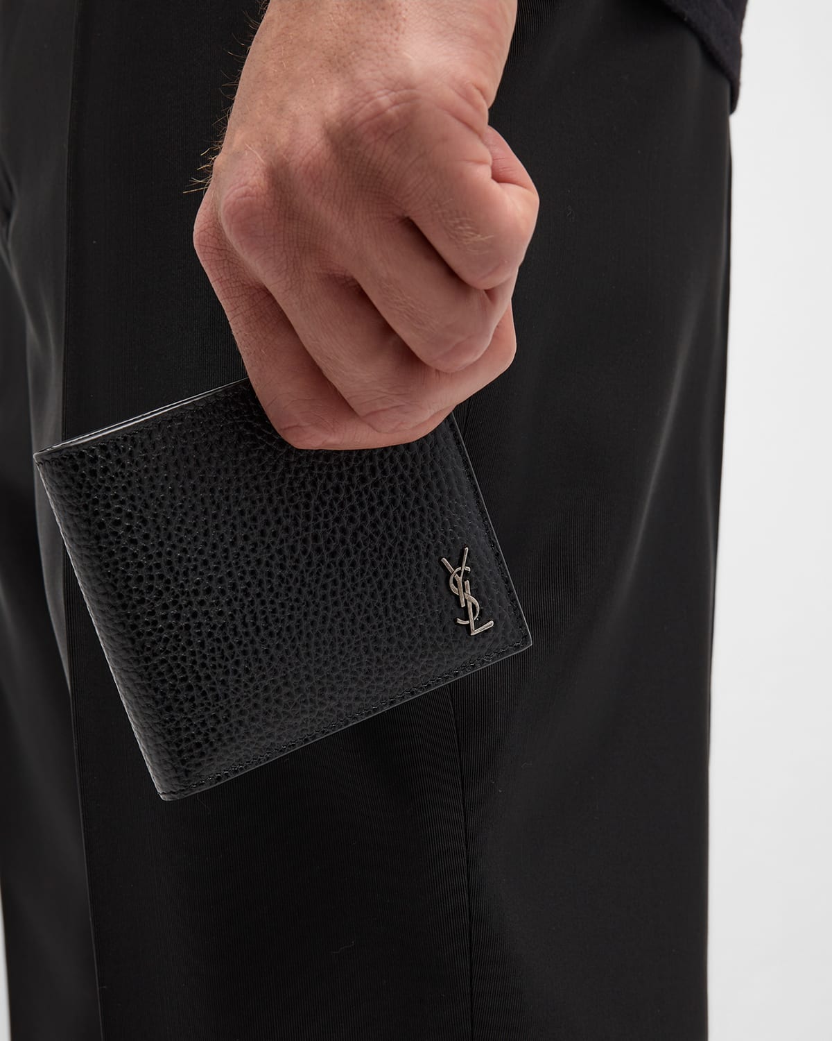 Shop Saint Laurent Men's Ysl Pebbled Leather Wallet In Nero
