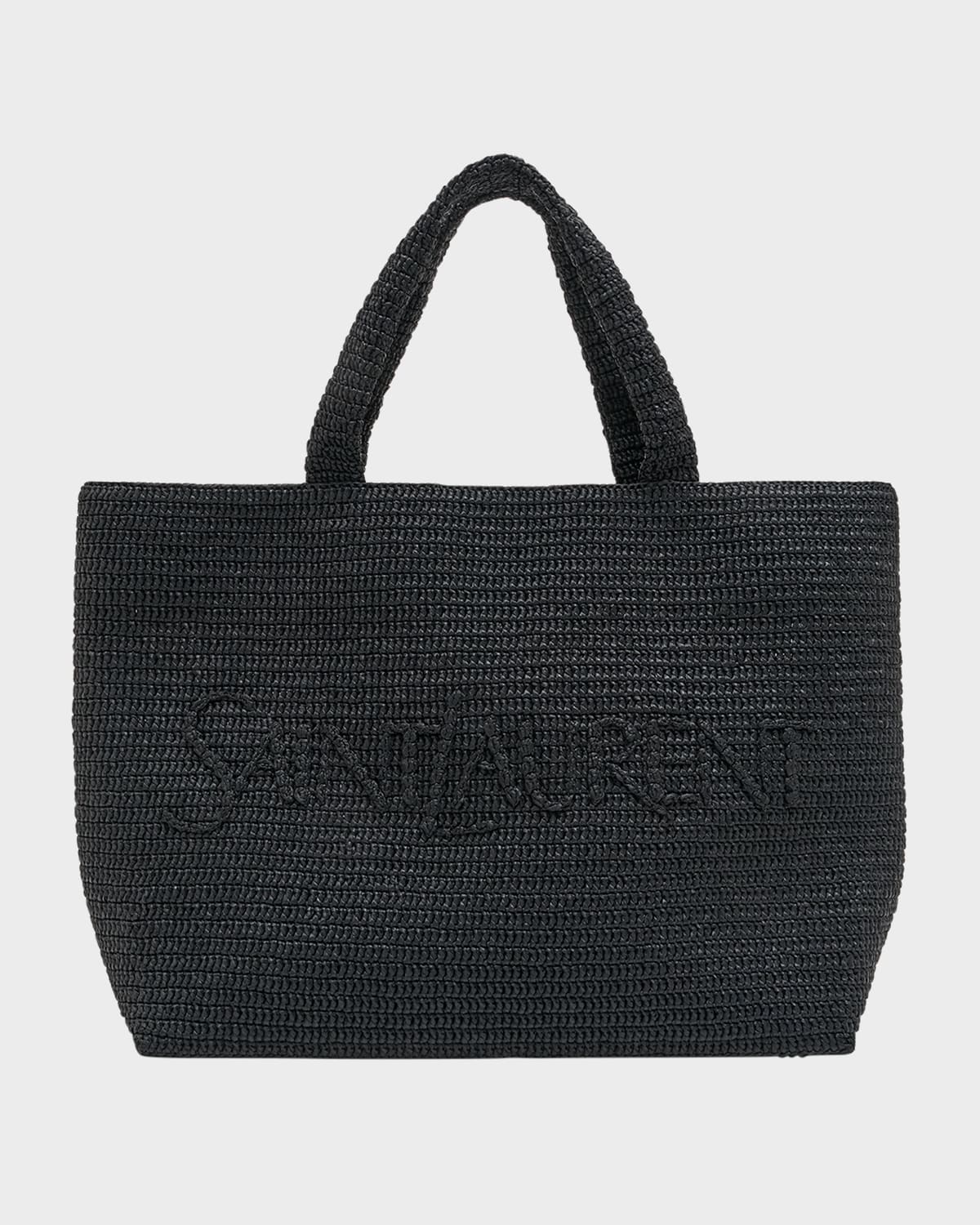 Shop Saint Laurent Men's Tonal Logo Raffia Tote Bag In Nero