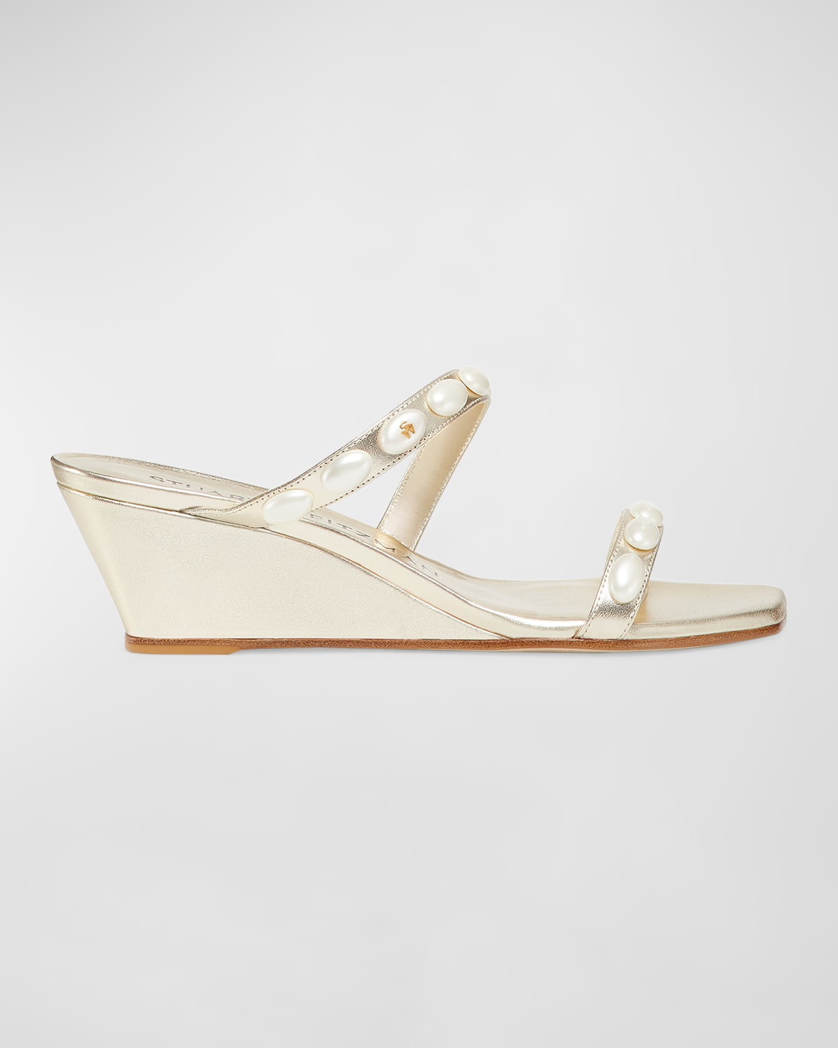 Stuart Weitzman Pearlita Metallic Two-band Wedge Sandals In Light Gold