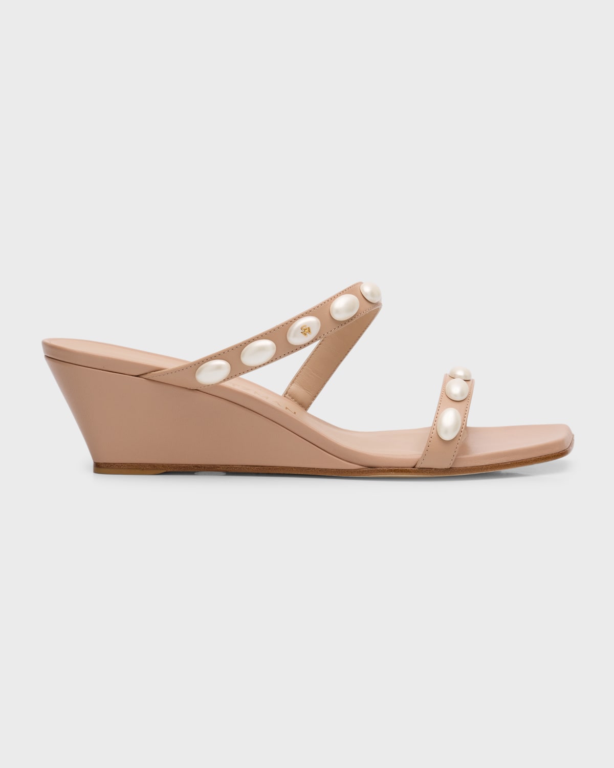 Shop Stuart Weitzman Pearlita Leather Two-band Wedge Sandals In Adobe