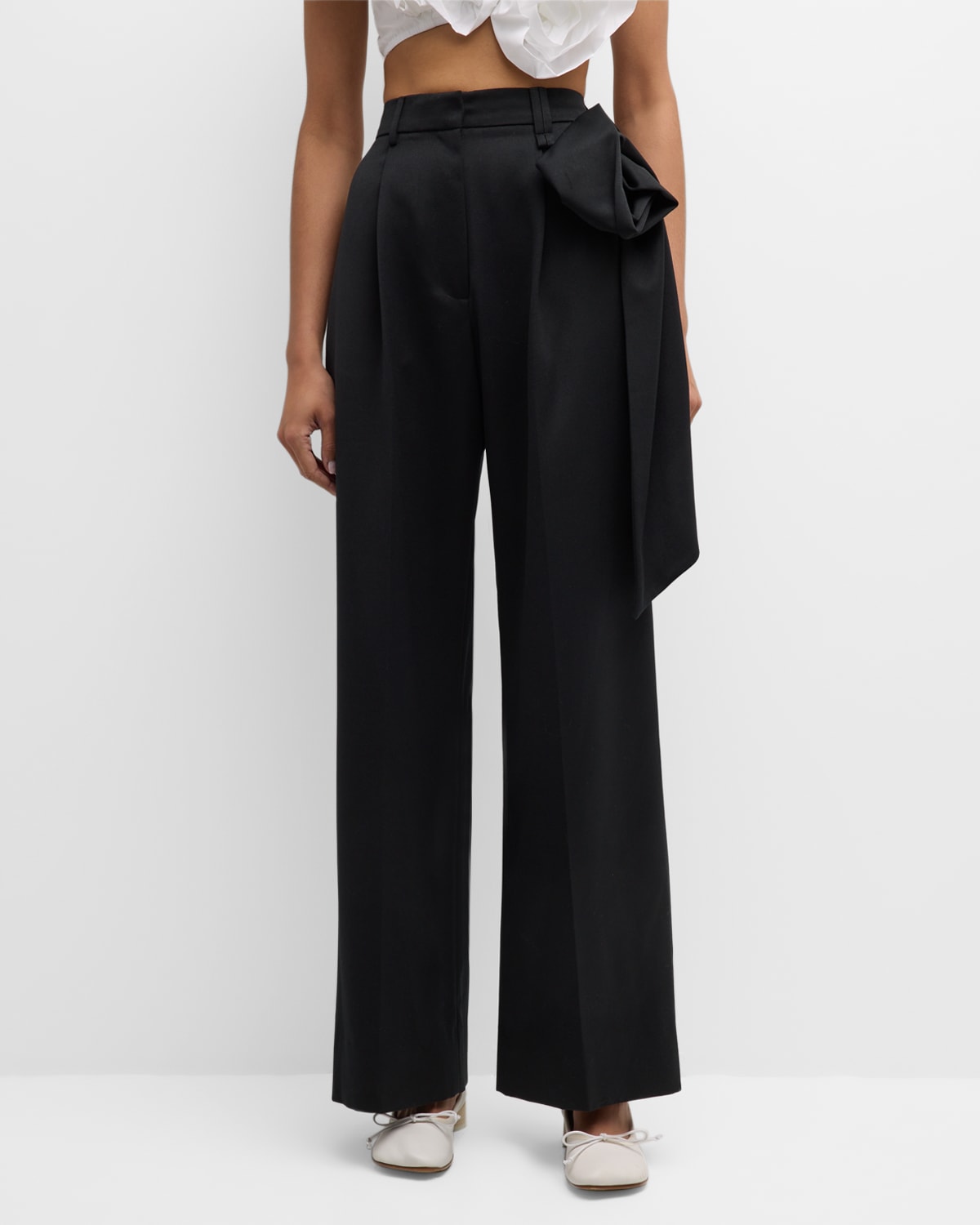 Pleated Straight-Leg Trousers with Pressed Rose Detail