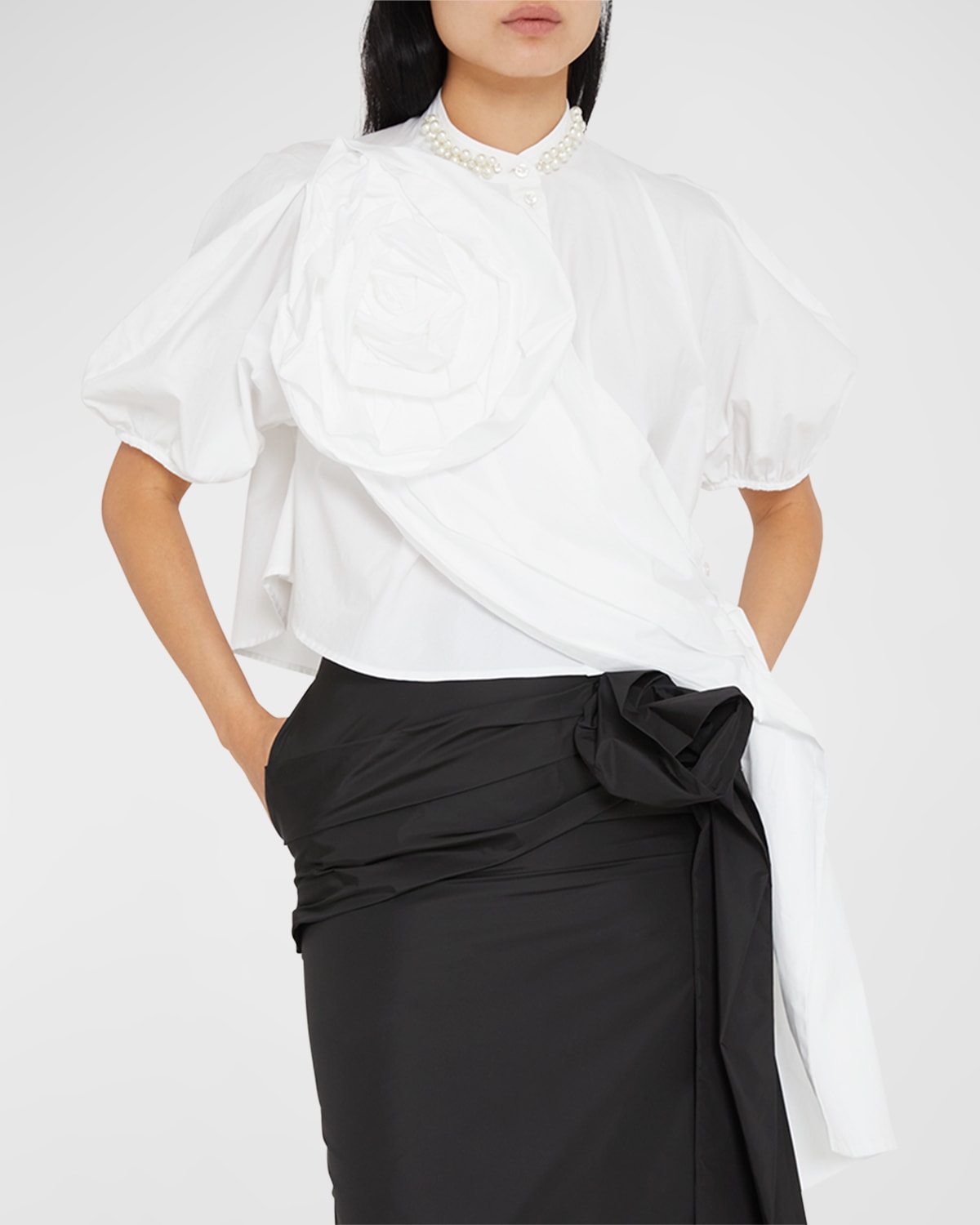 Shop Simone Rocha Beaded Rose-sash Puff-sleeve Crop Shirt In Whitepearl