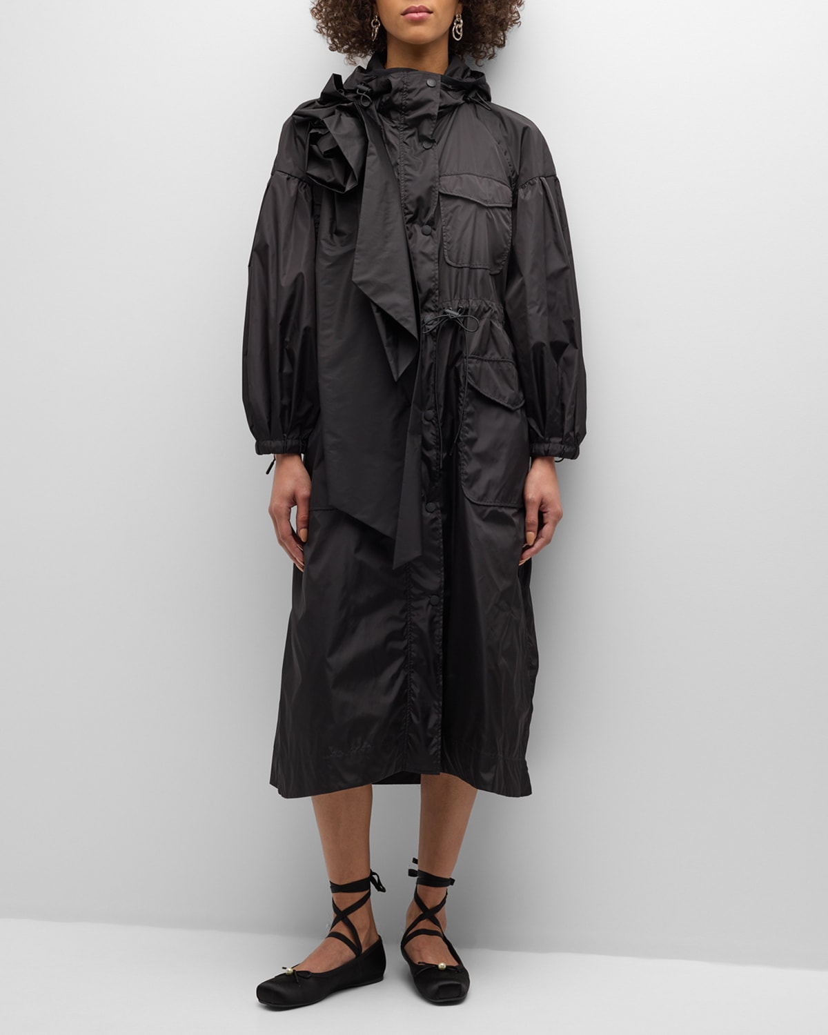 Shop Simone Rocha Hooded Parka Jacket With Pressed Rose Detail In Black