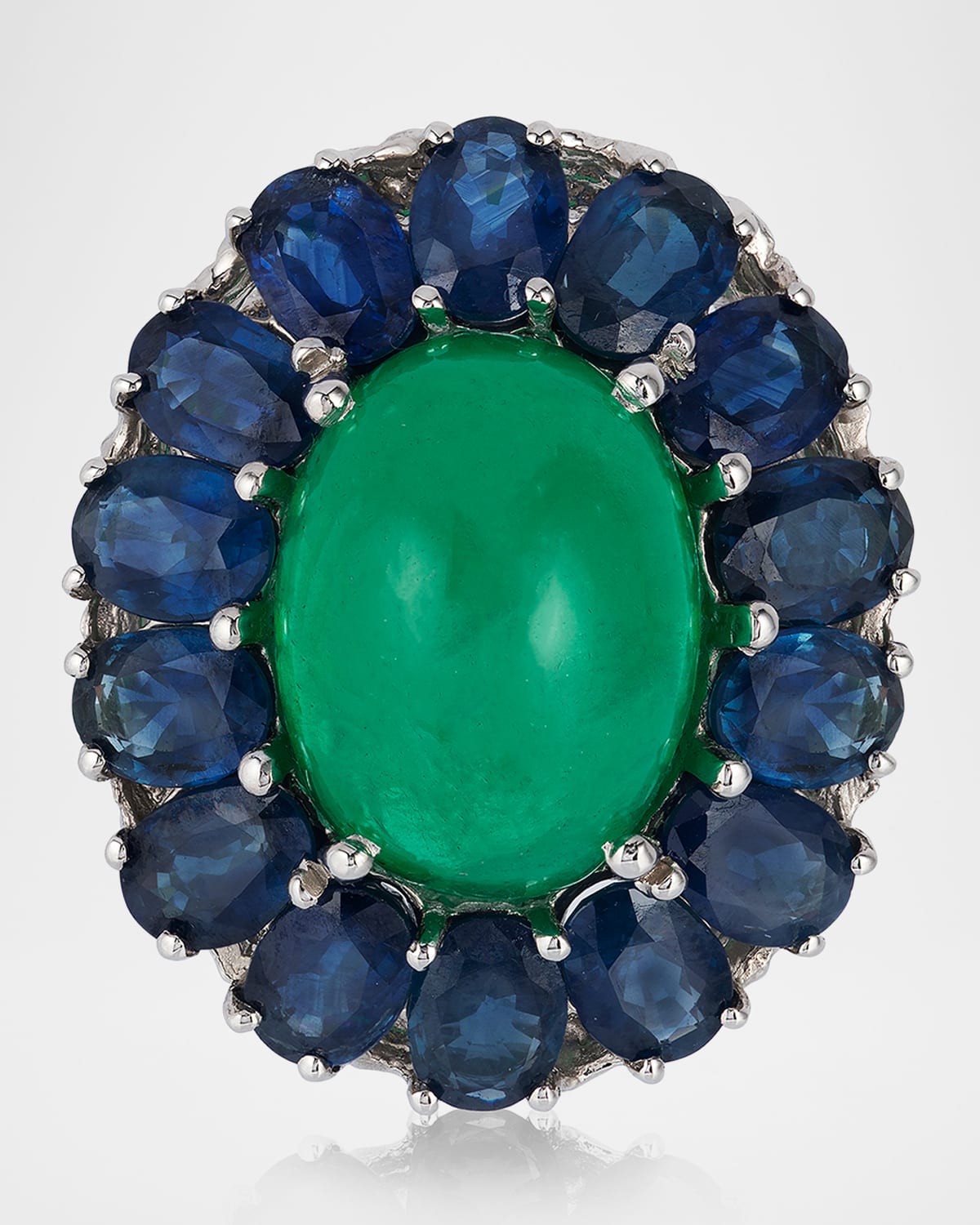 18K White Gold Cabochon Emerald and Blue Sapphire Ring, Size 8