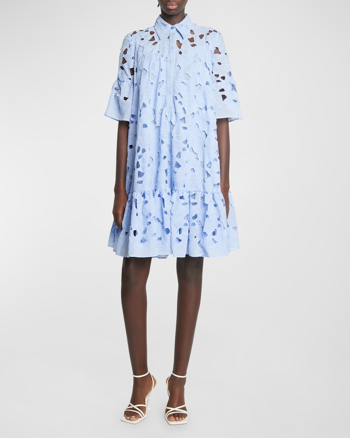 Talbot Runhof Floral Broderie Anglaise Ruffle Short-sleeve Shirtdress In Sky Blue