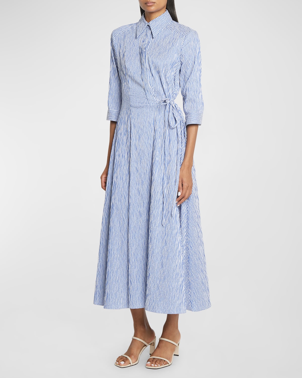 Talbot Runhof Seersucker 3/4-sleeve Tea-length Wrap Shirtdress In Cornflower Blue