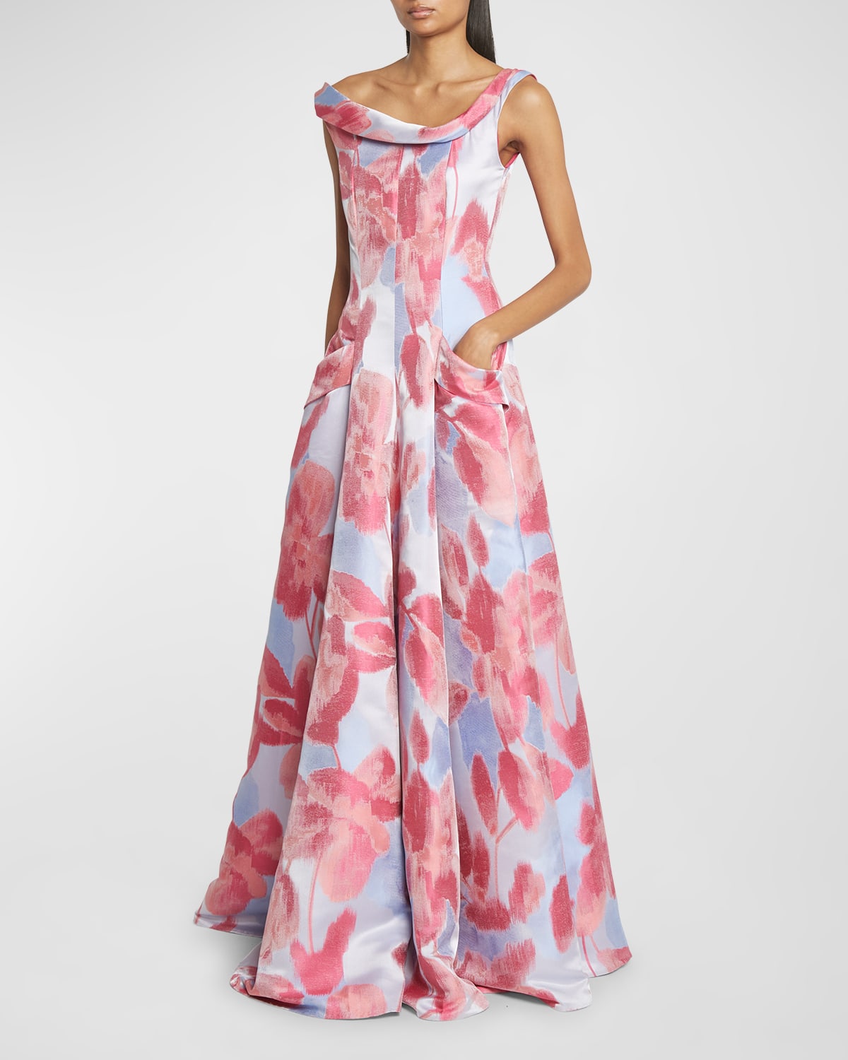 Shop Talbot Runhof Floral Jacquard Off-the-shoulder Gown In Azalea Pink