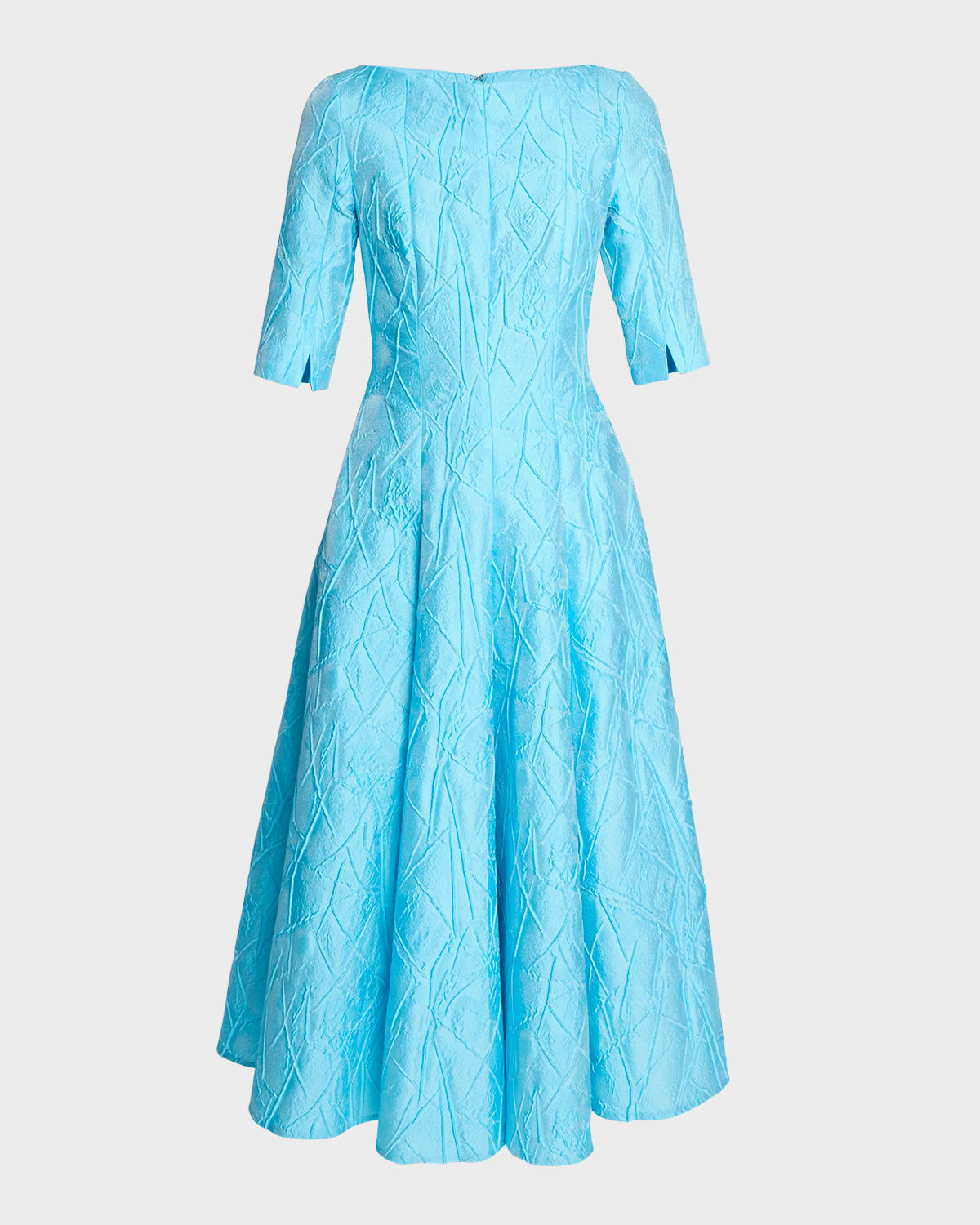 High-Neck Elbow-Sleeve Mikado Jacquard Midi Dress