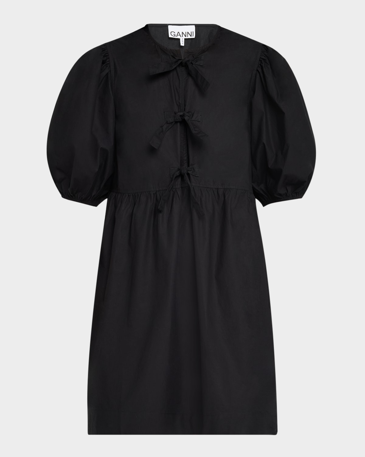 Shop Ganni Tie-front Puff-sleeve Poplin Mini Dress In Black