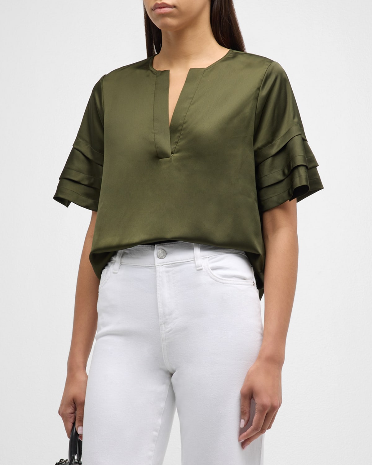Shop Frame Tiered Short-sleeve Satin Blouse In Willow Green