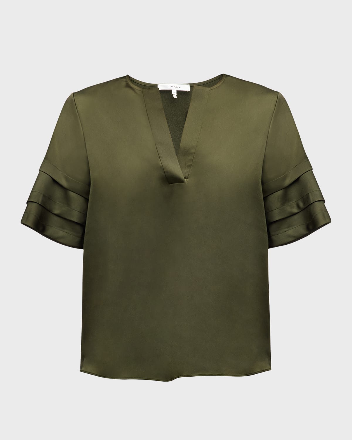 Frame Tiered Short-sleeve Satin Blouse In Willow Green