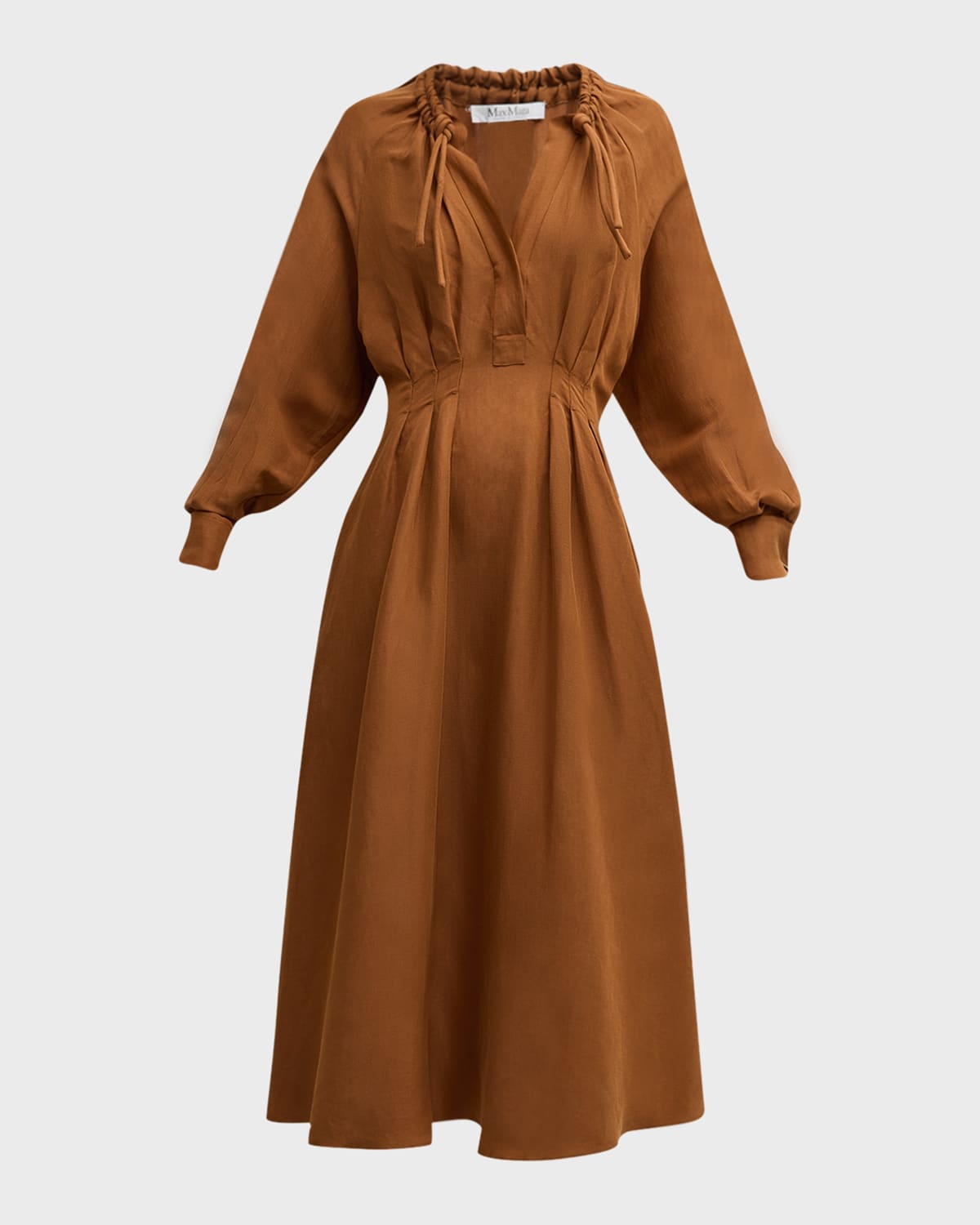 Shop Max Mara Drina Pleated Maxi Dress With Cinched Neckline In Tobacco