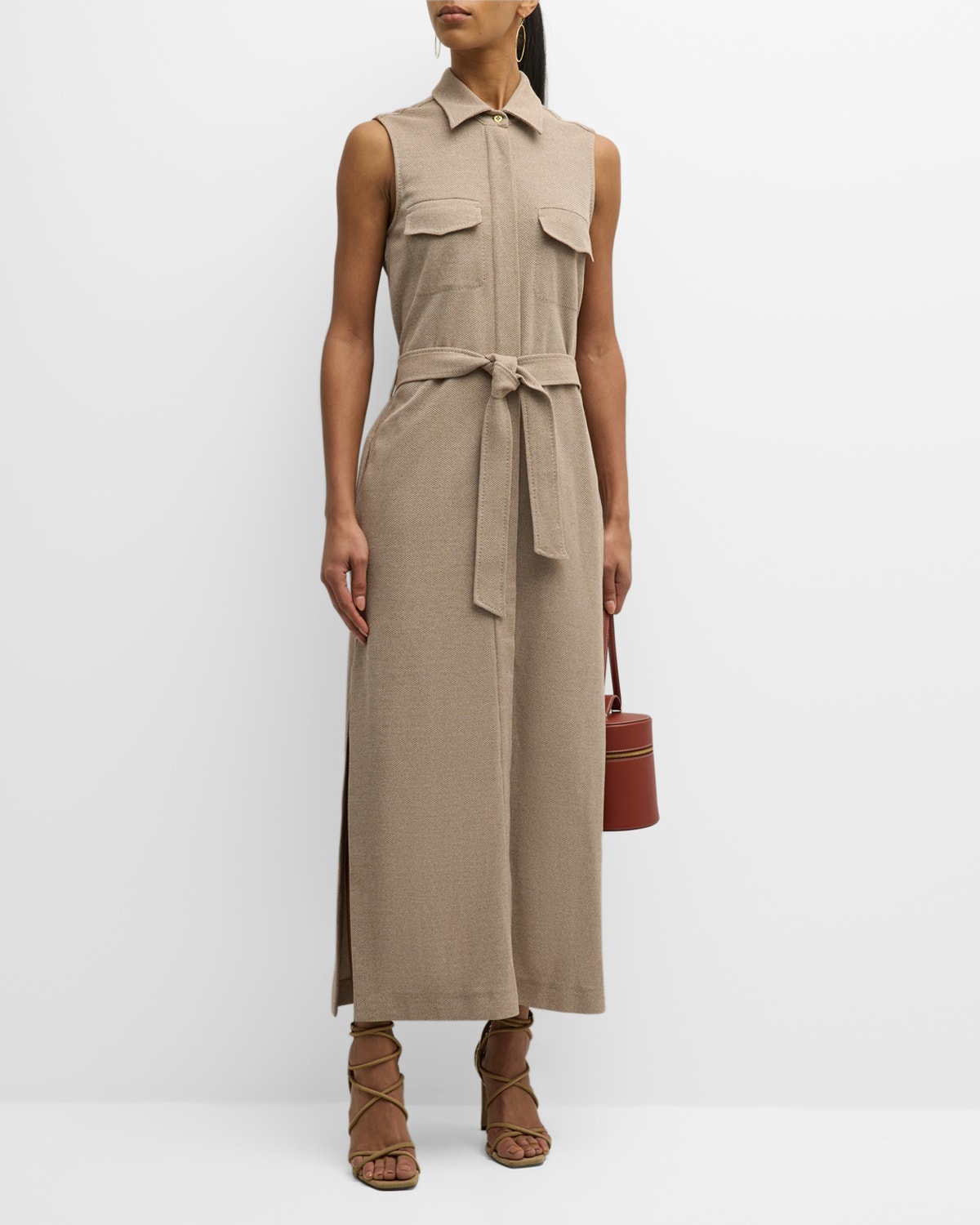 Lampo Sleeveless Belted Pique Knit Maxi Shirtdress