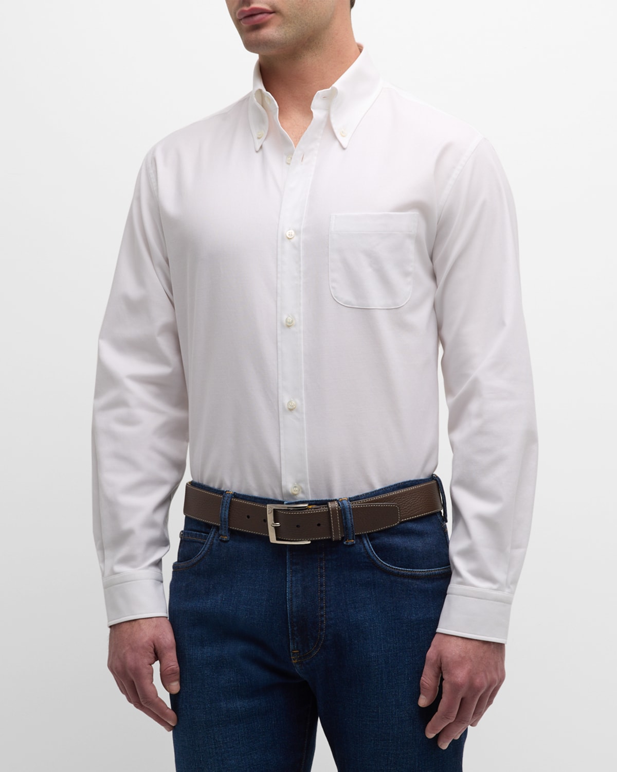 Shop Loro Piana Men's Agui Oxford Cotton Sport Shirt In Optical White