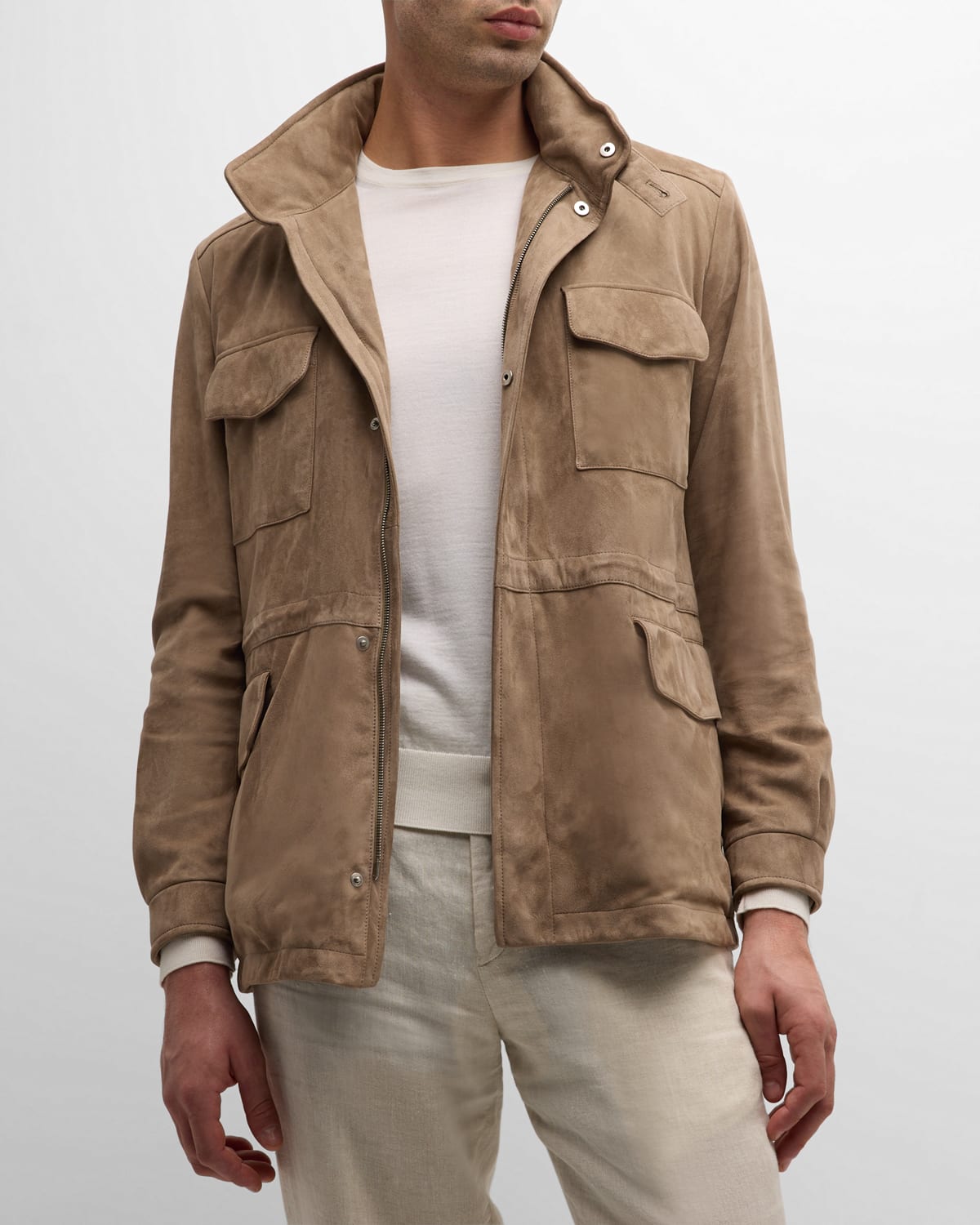 Loro Piana Men's Suede Concealed-zip Field Jacket In Busty Light Brown