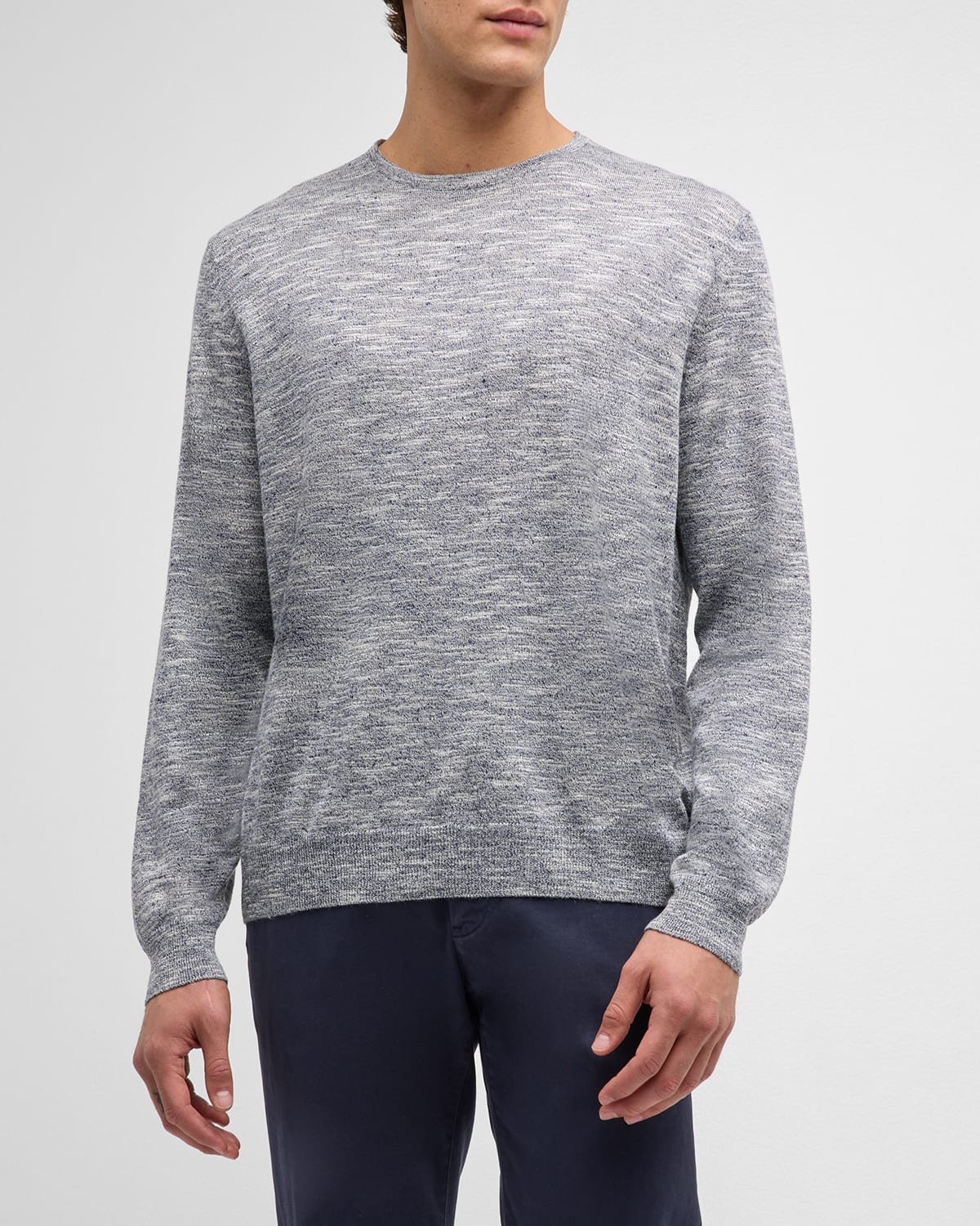 Shop Loro Piana Men's Shoji Linen-silk Crewneck Sweater In Blue Pattern