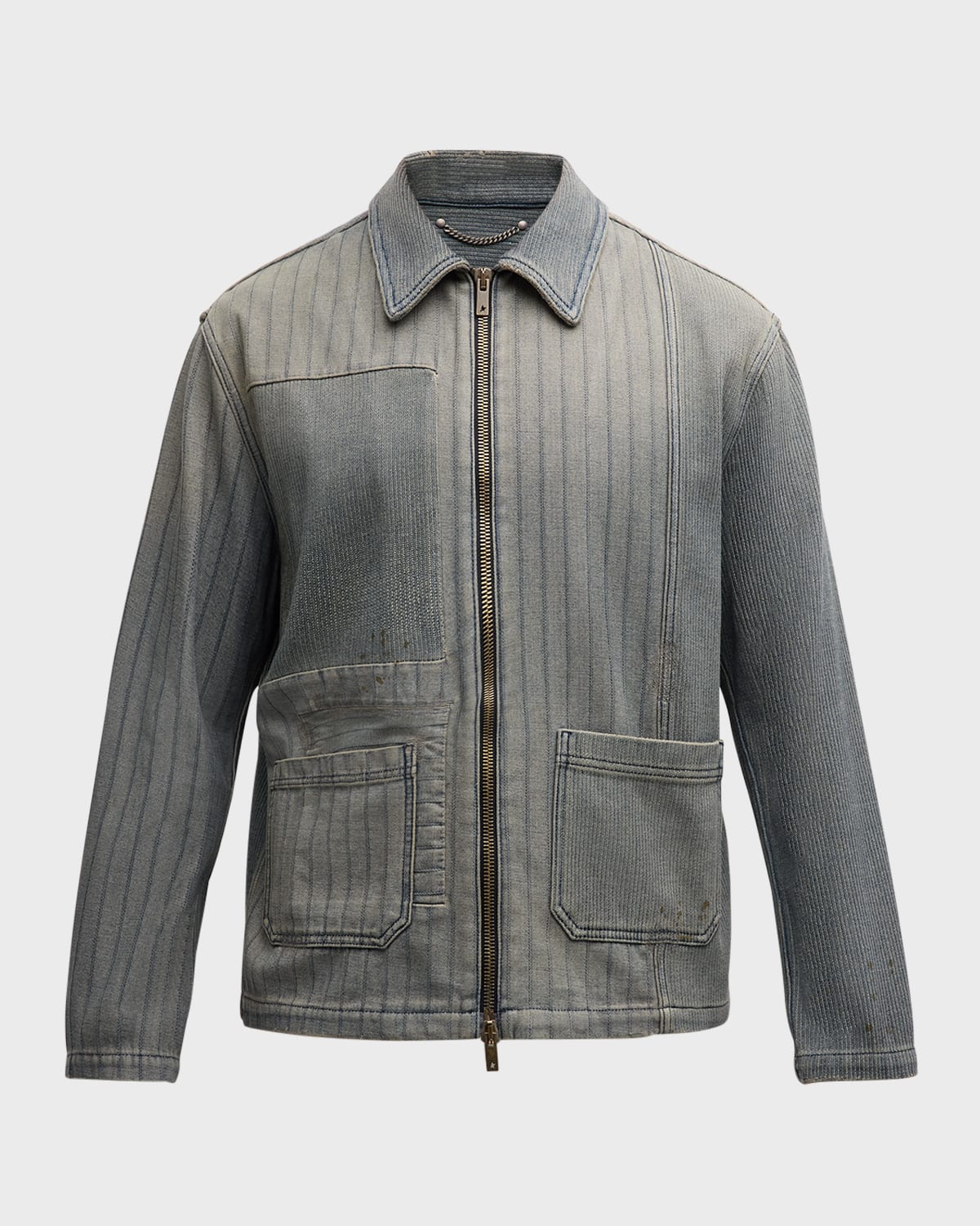 Golden Goose Journey M`s Full Zip Jacket Dyed Denim Patched Stripes In Grey