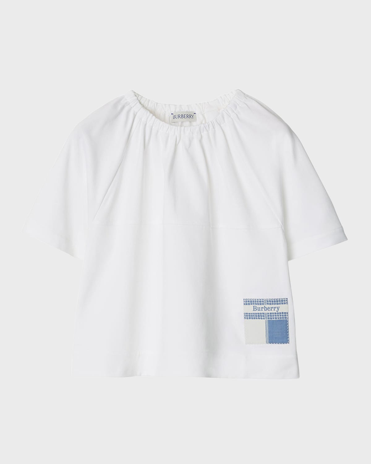 Shop Burberry Girl's Lucy Gathered Top W/ Logo Patch In White