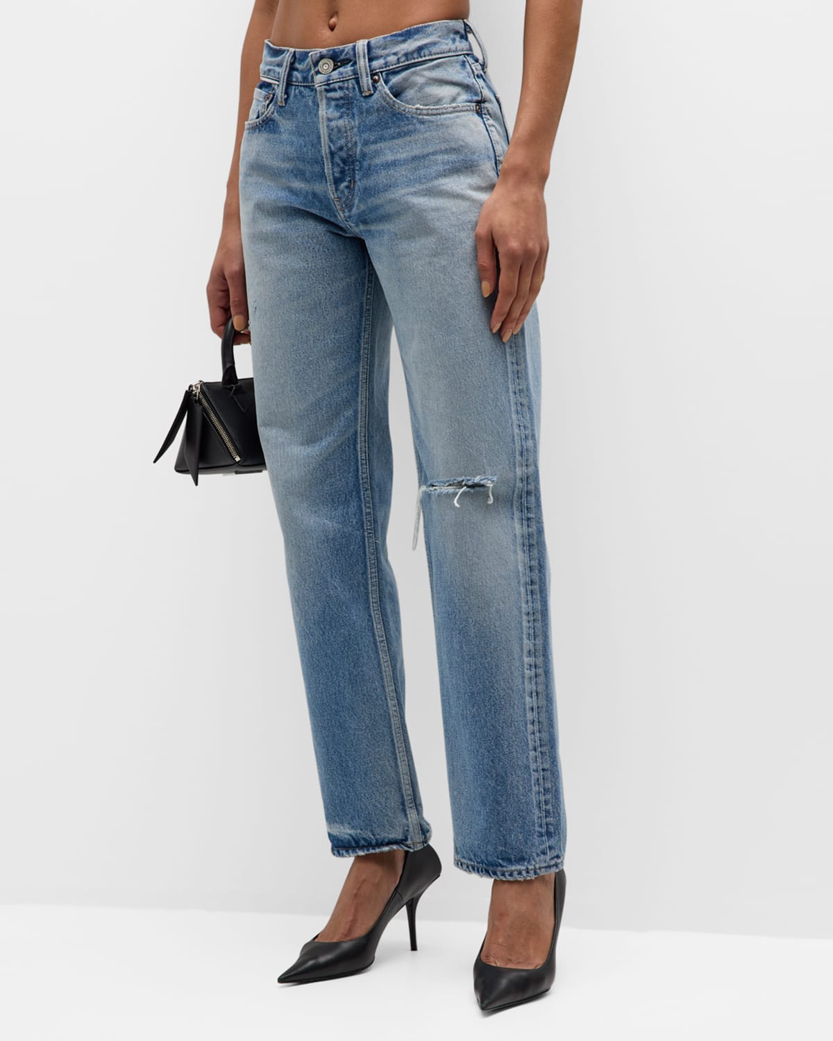 Shop Moussy Vintage Ballard Wide Straight Mid-rise Jeans In Ltblu