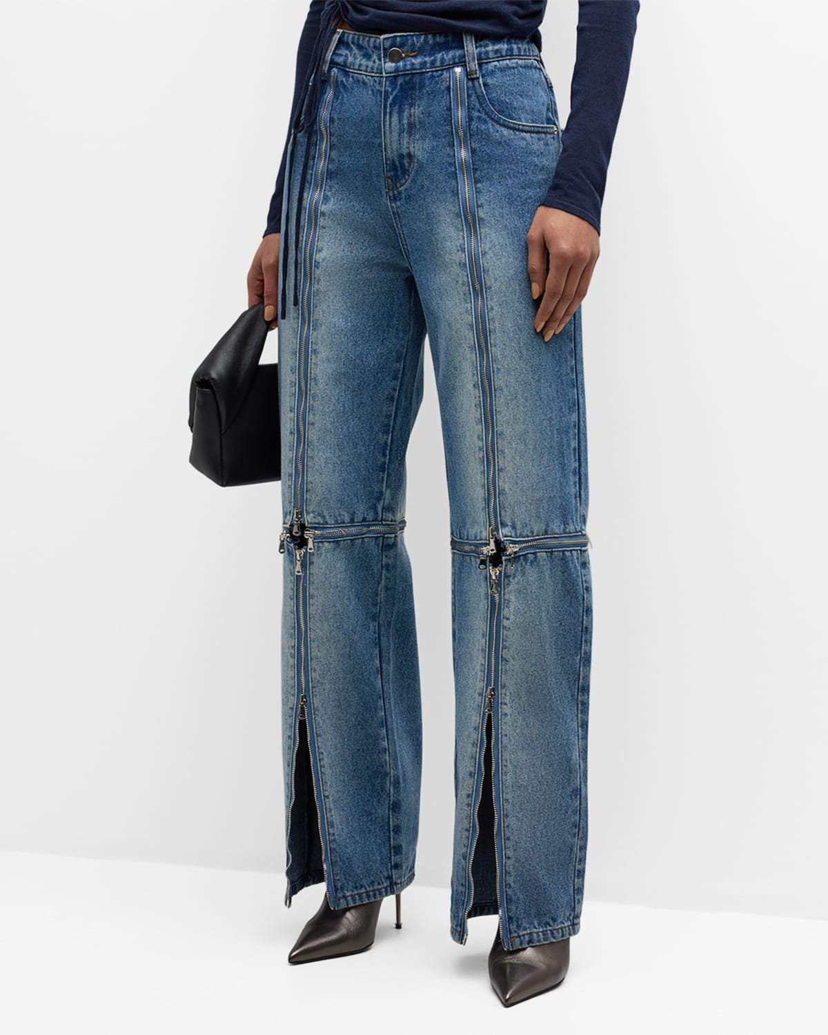 Shop Wynn Hamlyn Andie Zip-off Straight-leg Jeans In Washed Indigo