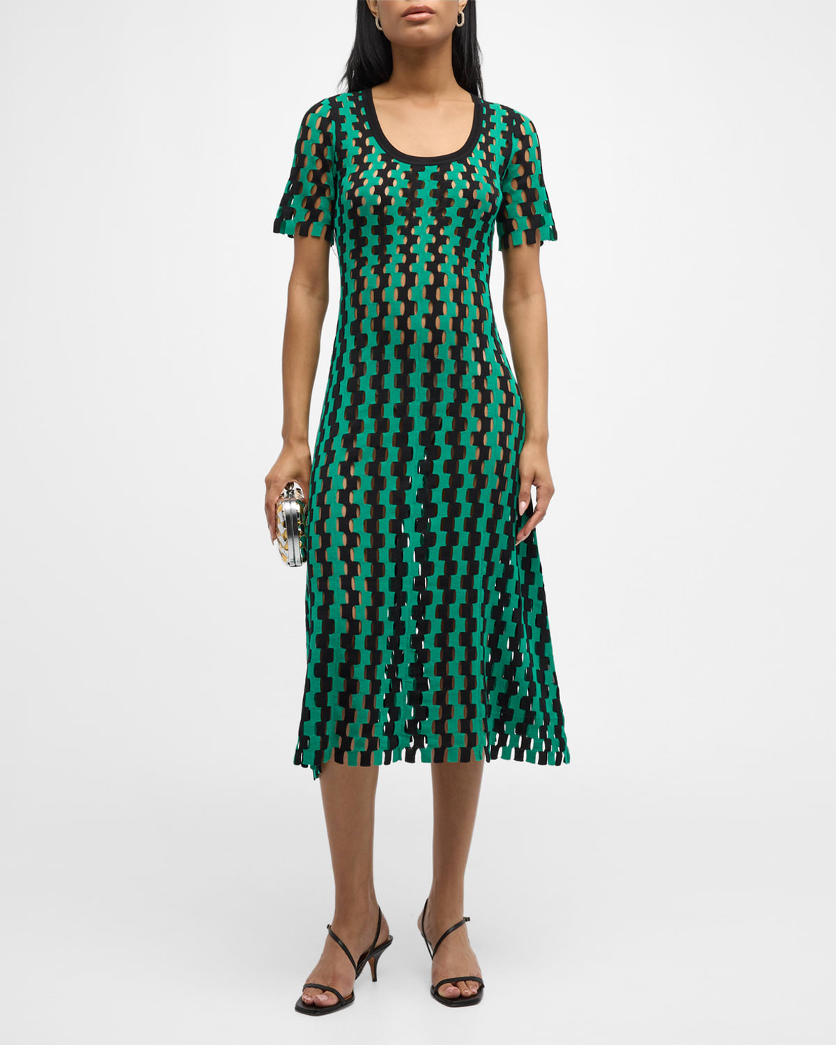 Helen Wavy Open-Knit Short-Sleeve Midi Dress