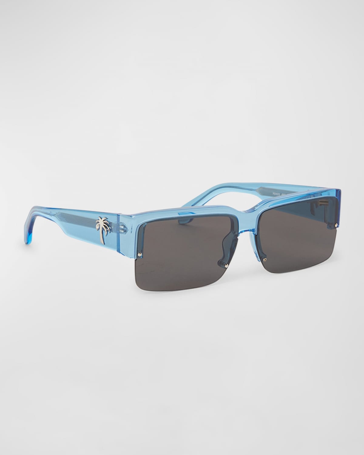 Shop Palm Angels Men's Drain Half-rim Acetate Rectangle Sunglasses In Crystal Blue Dark Grey