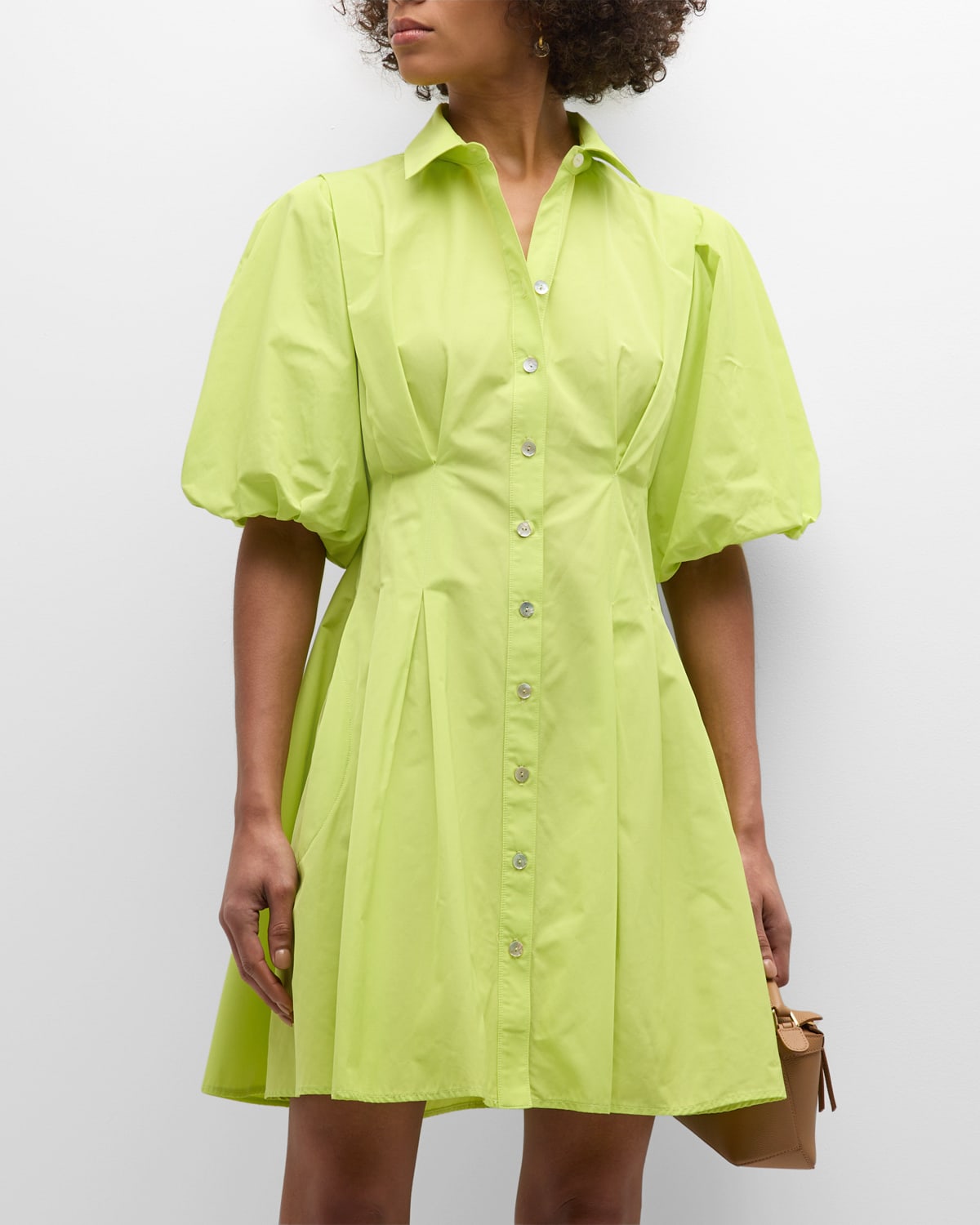 Finley Avery Pleated Puff-sleeve Taffeta Mini Dress In Neon Lime