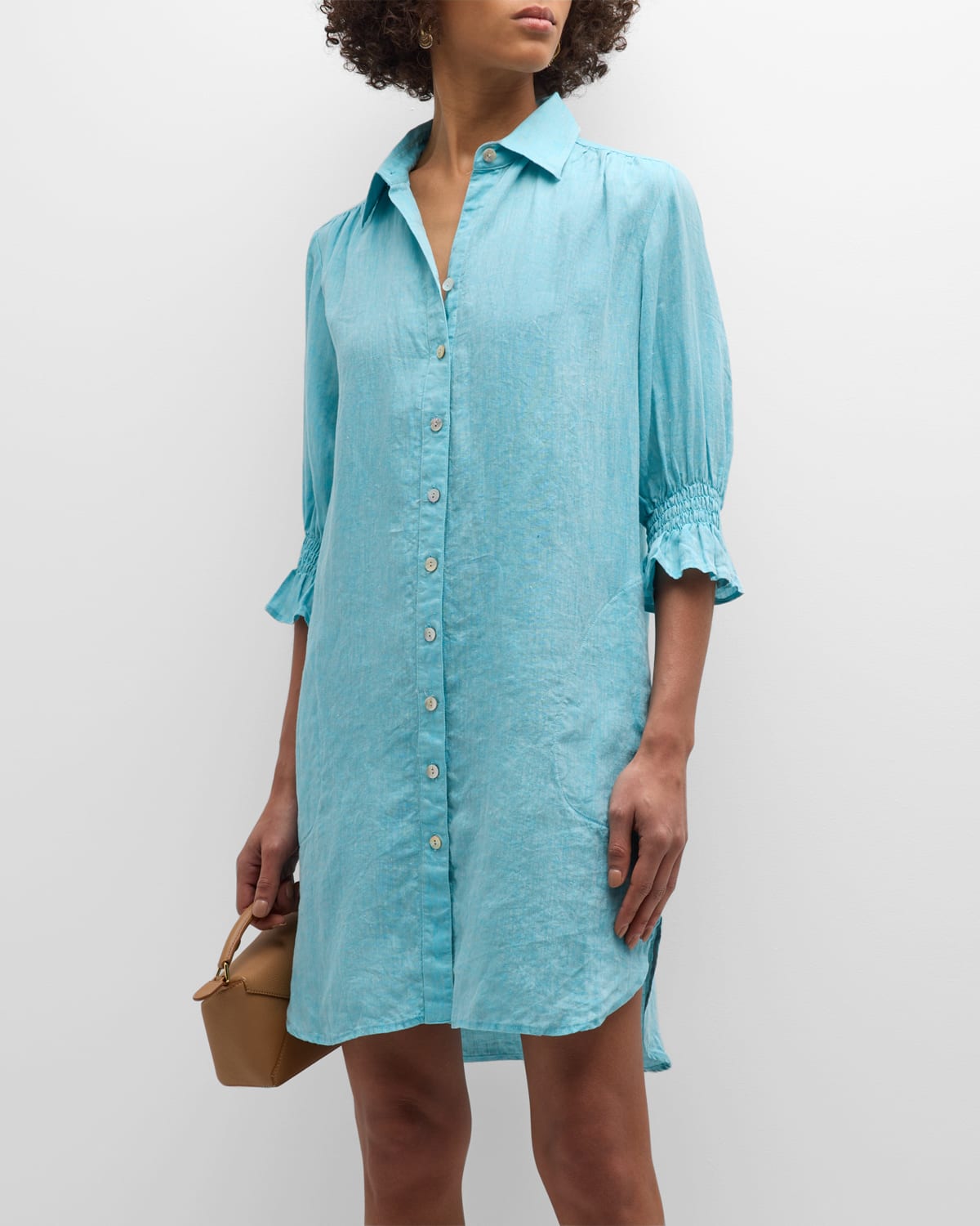 Shop Finley Miller Button-down Linen Mini Shift Dress In Caribbean Blue