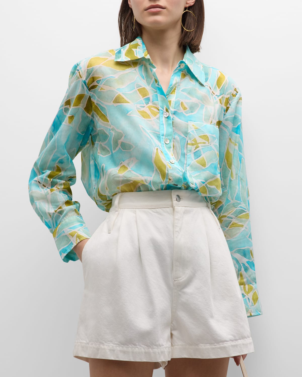 Finley Andie Seaweed-print Button-down Cotton Shirt In Teal Multi