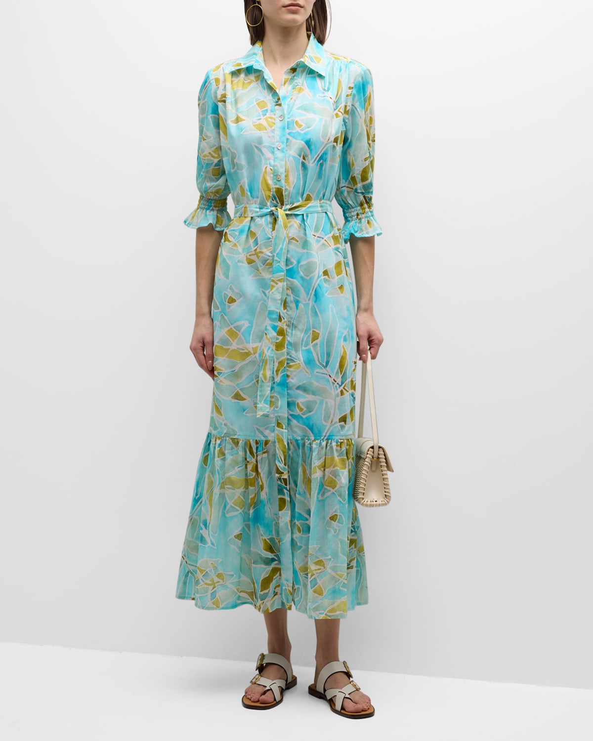 Finley Sienna Seaweed-print Flounce Midi Shirtdress In Teal Multi