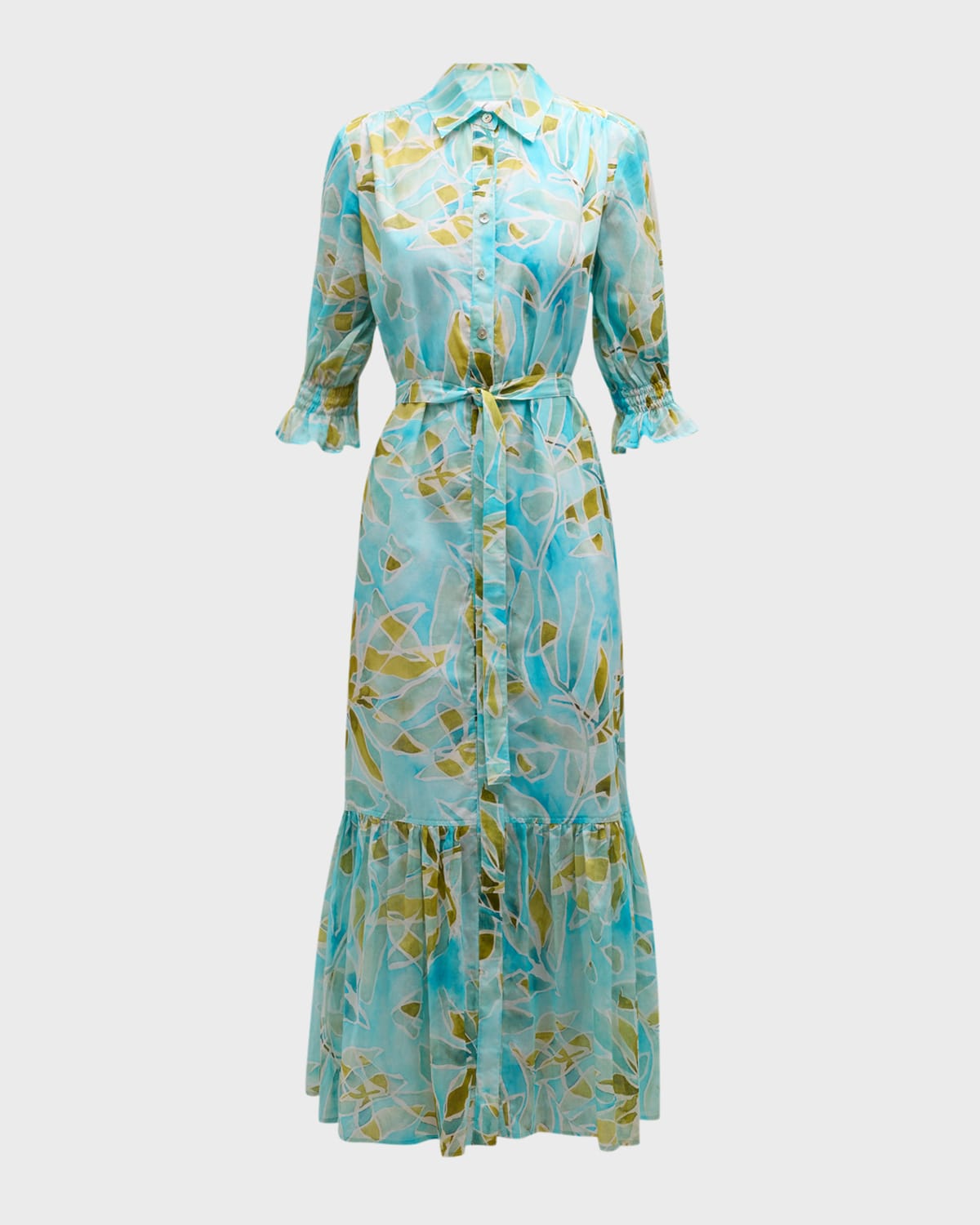 Finley Sienna Seaweed-print Flounce Midi Shirtdress In Teal Multi