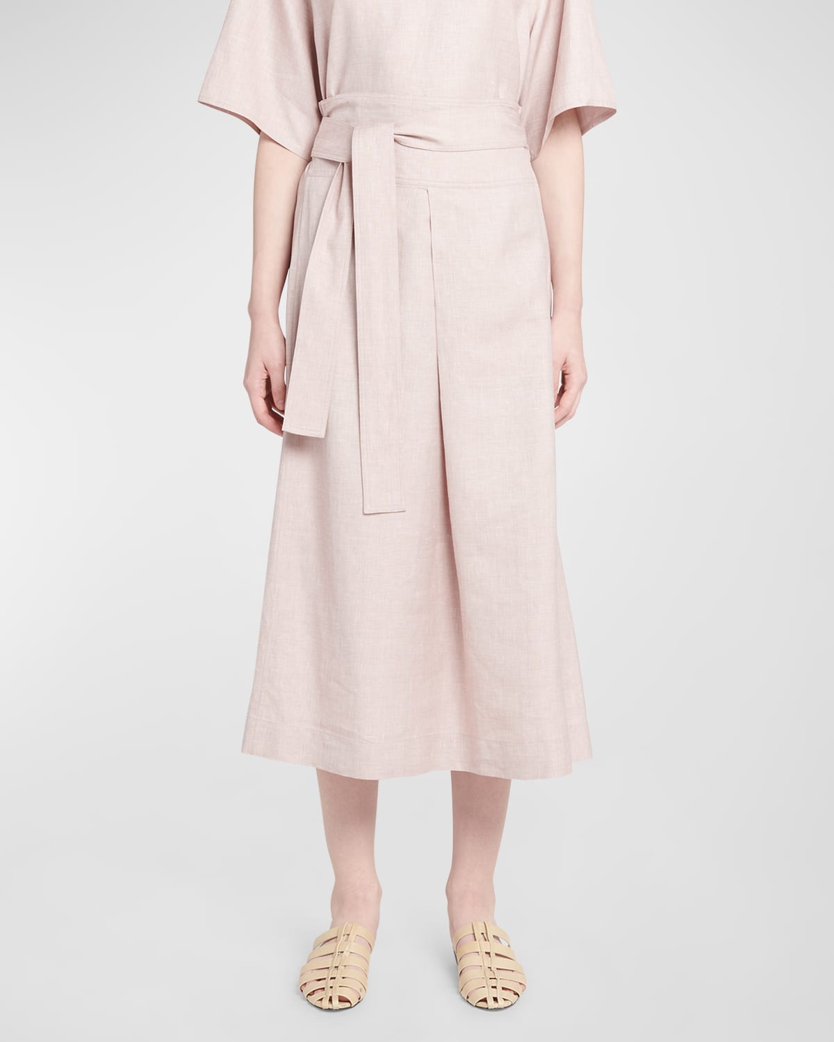 Shop Loro Piana Ariel Spring Linen-wool Belted Midi Skirt In 30el Kiku Garden