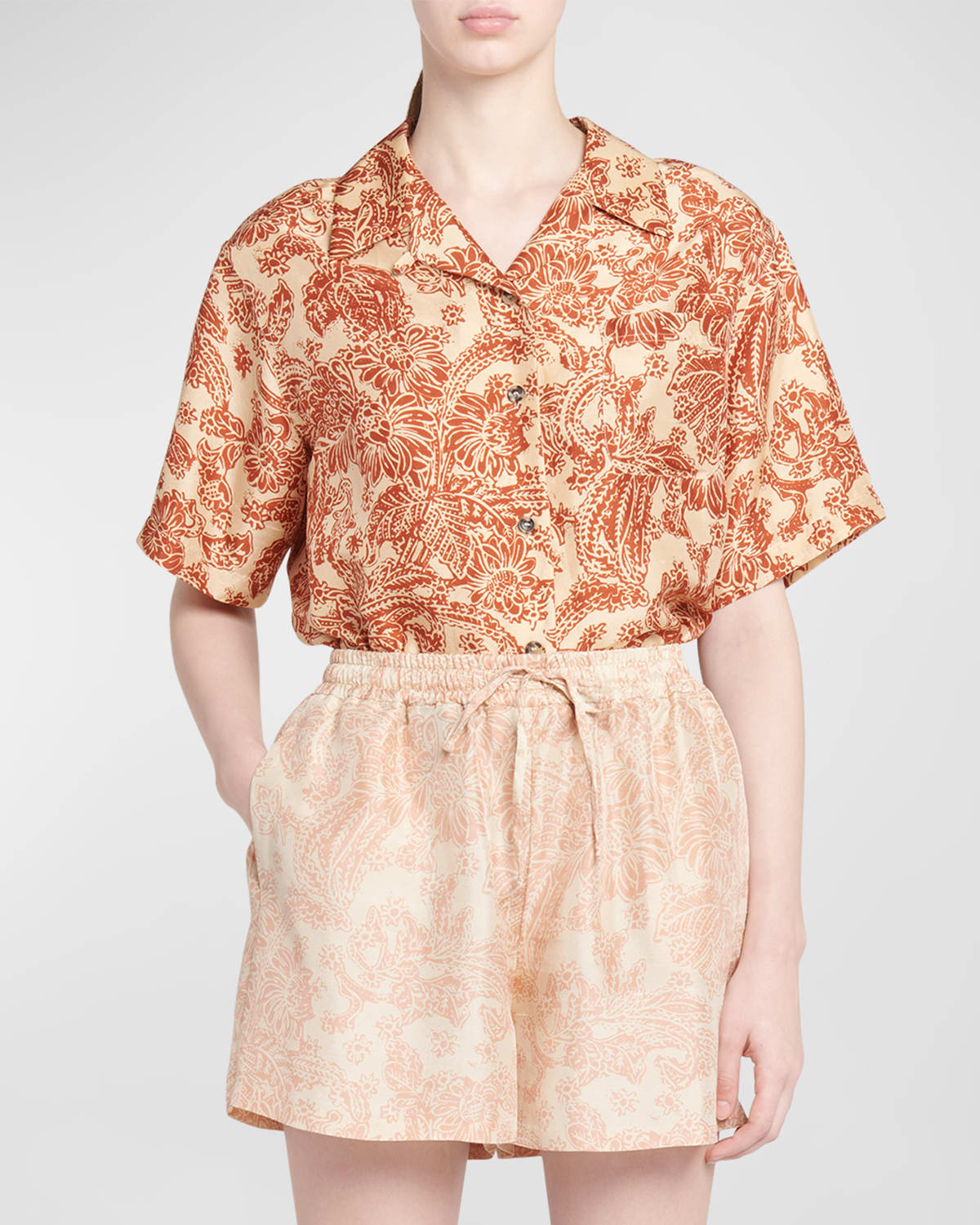 Loro Piana Isoble Woodblock Botanic-print Silk Short-sleeve Shirt In T1j1 Floating Tor