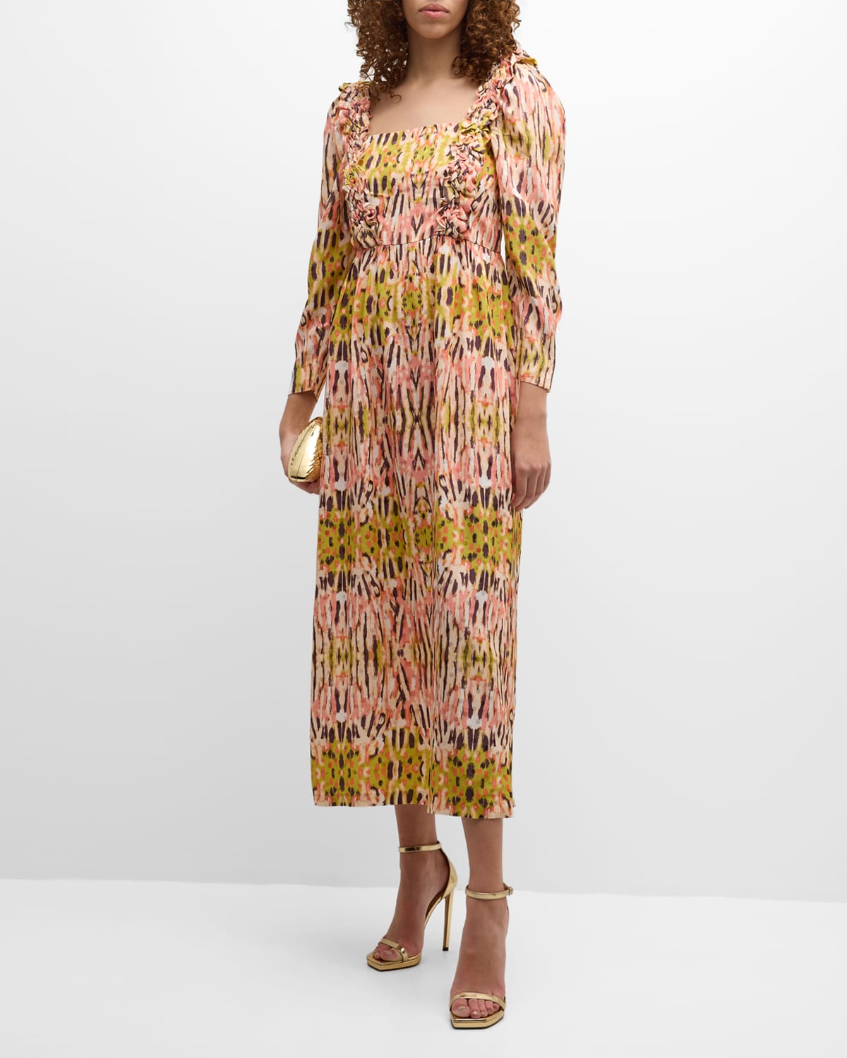 Vitorina Abstract-Print Ruffle-Trim Midi Dress