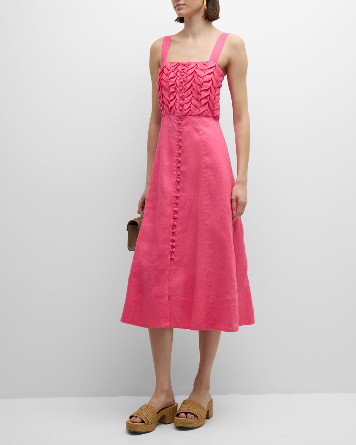 Helene Smocked Button-Front Linen Midi Dress