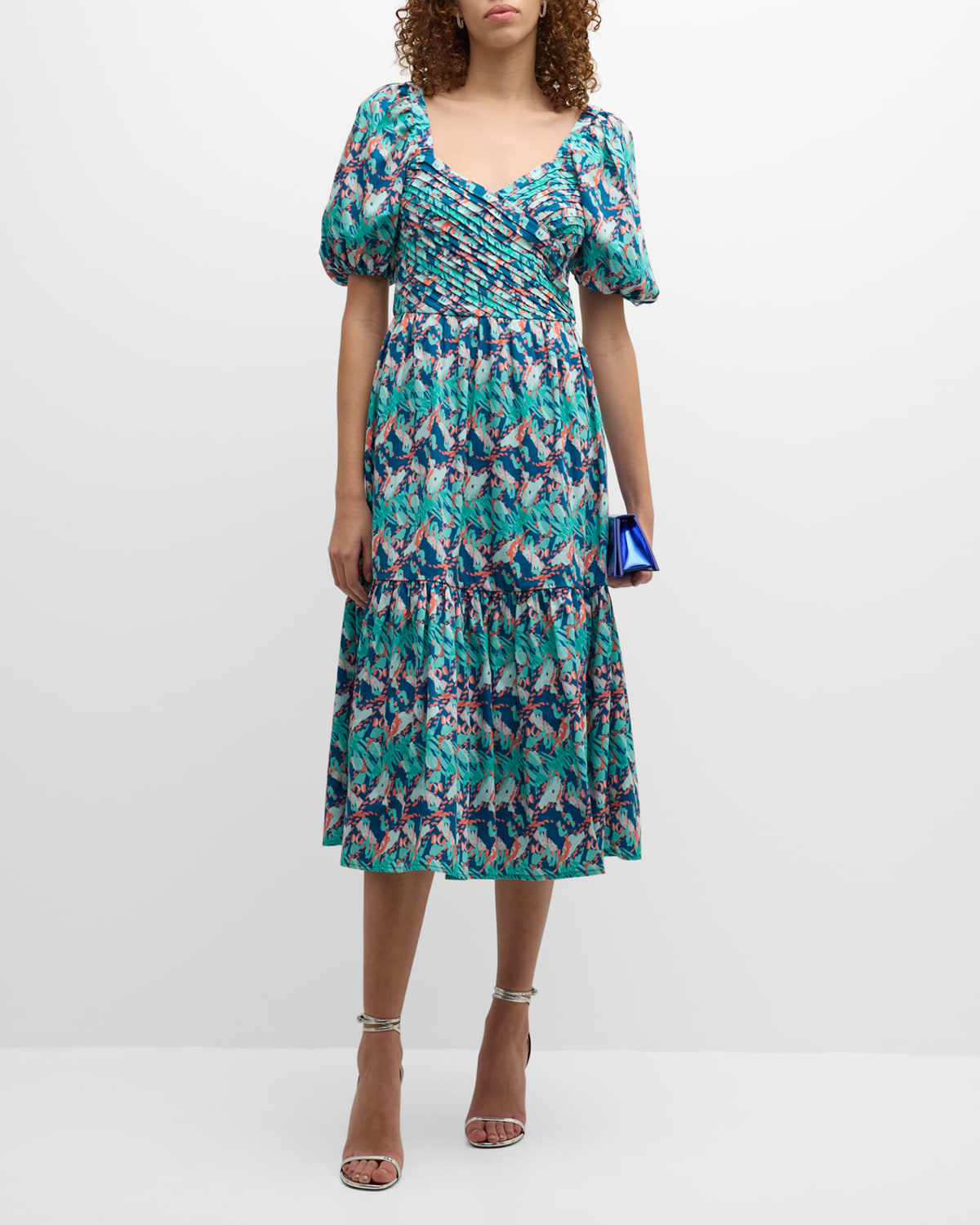Concordia Puff-Sleeve Abstract-Print Midi Dress