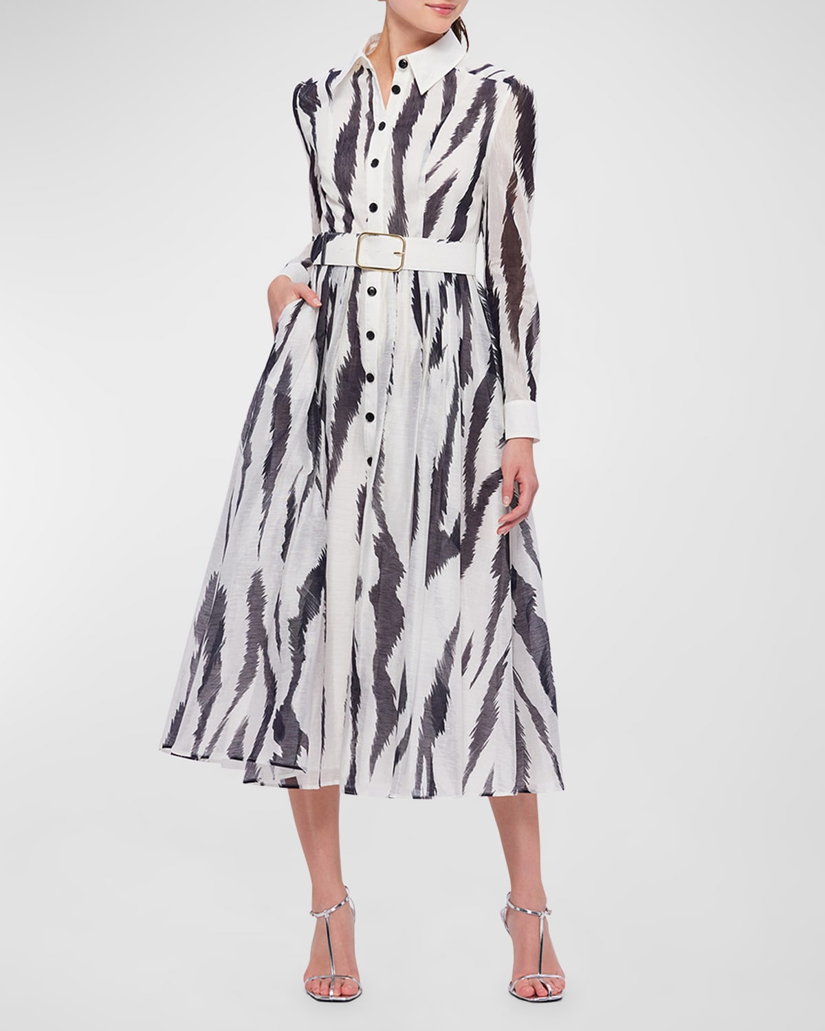 Veronica Belted Zebra-Print Midi Shirt Dress