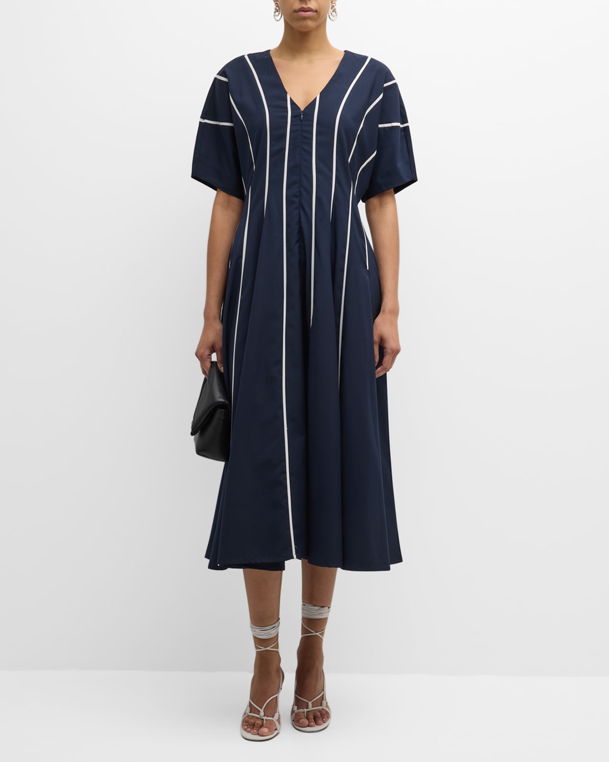 Geometry Striped Dolman-Sleeve Midi Dress
