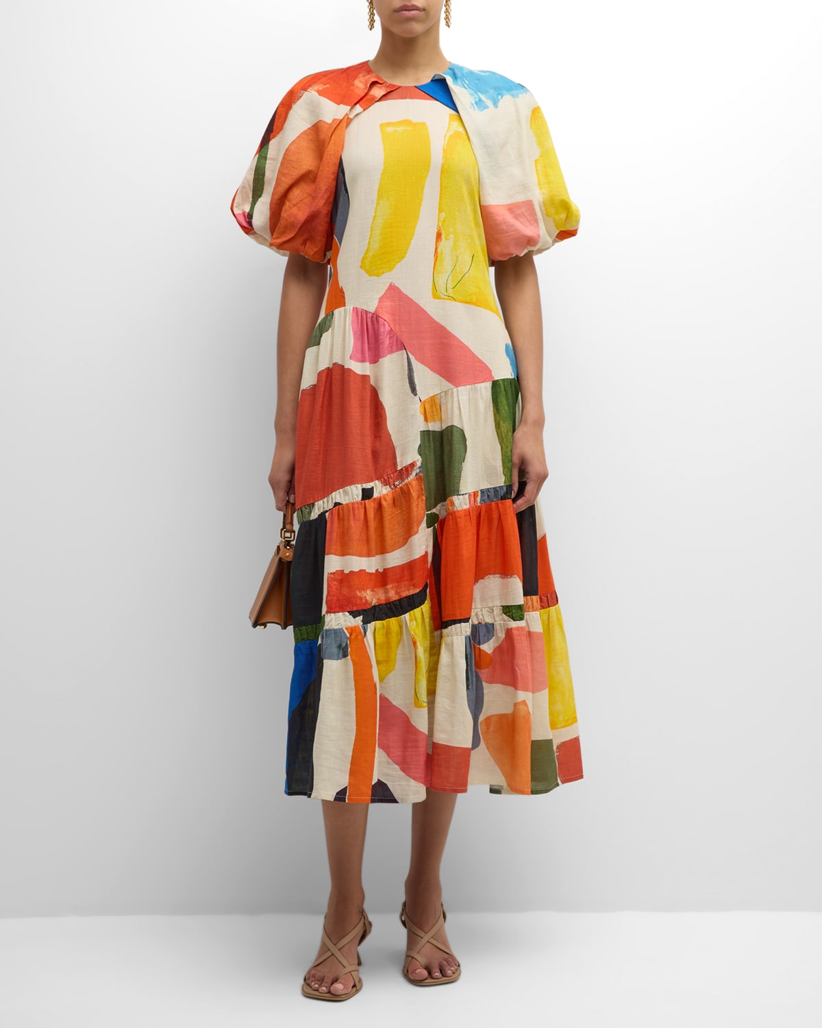 Mosaic Tiered Puff-Sleeve A-Line Midi Dress
