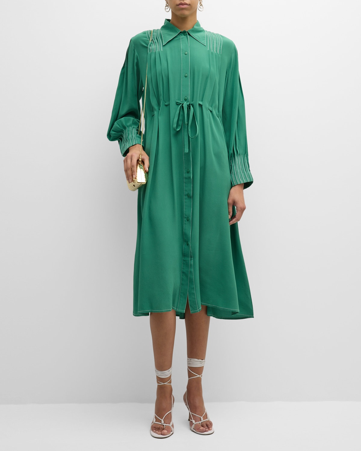 Shop Lovebirds Picnic Pleated Topstitch Silk Midi Dress In Green