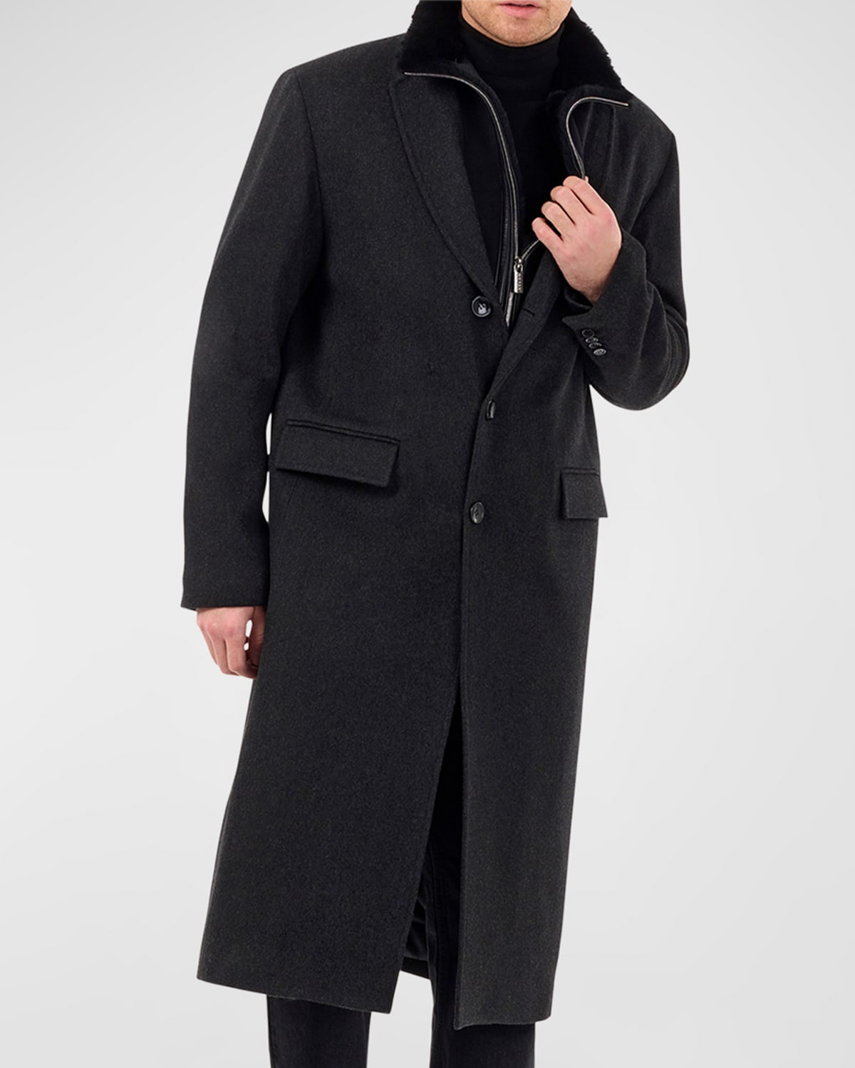 Gorski Men's Brushed Wool Long Stroller Coat With Shearling Lamb