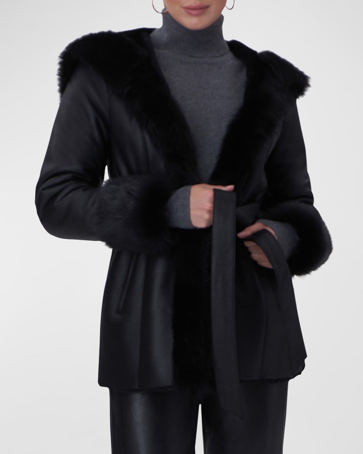 Gorski Belted Shearling Lamb Hooded Jacket With Toscana Trim And Cuffs In Black