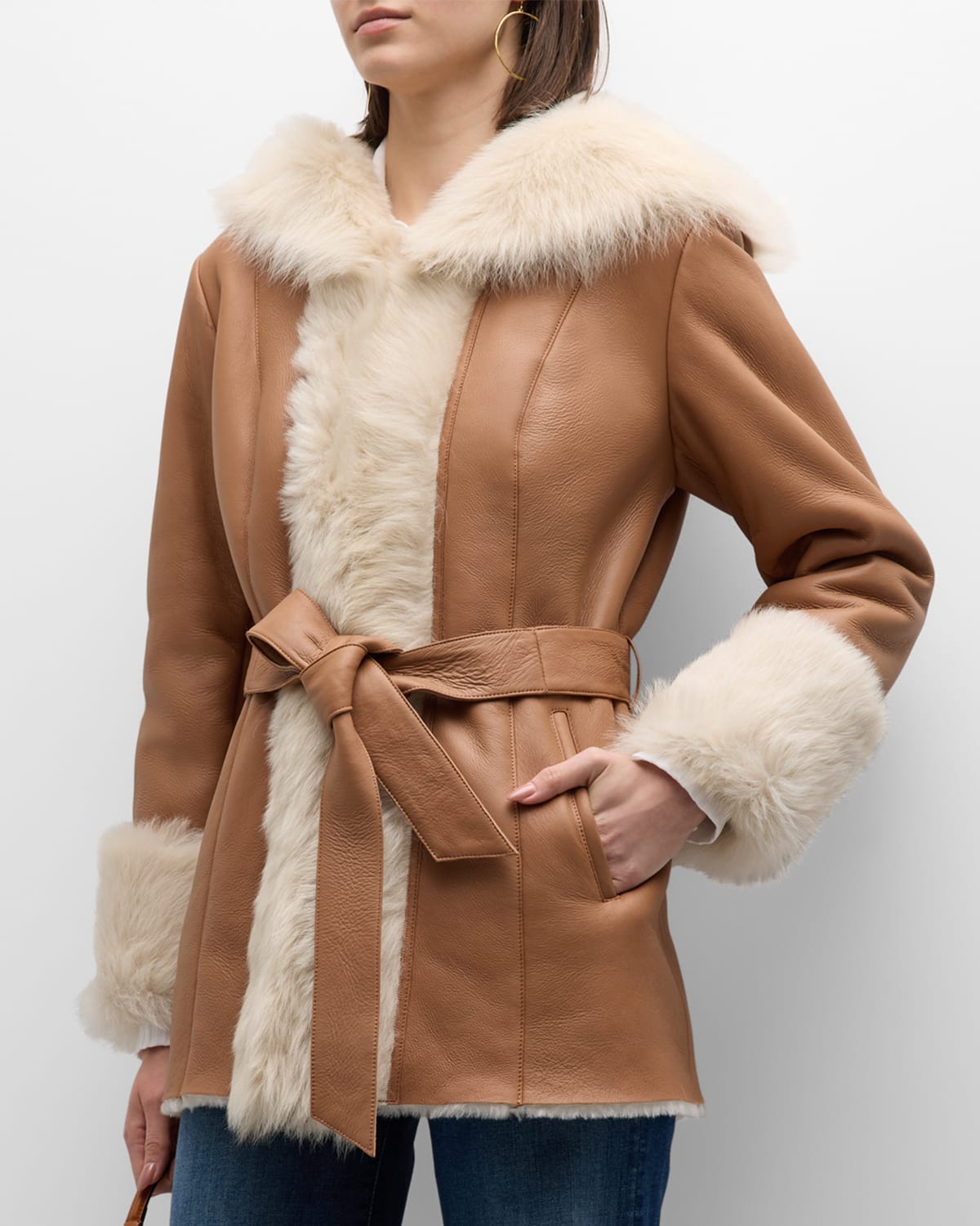 Gorski Belted Shearling Lamb Hooded Jacket With Toscana Trim And Cuffs In Camelwhite