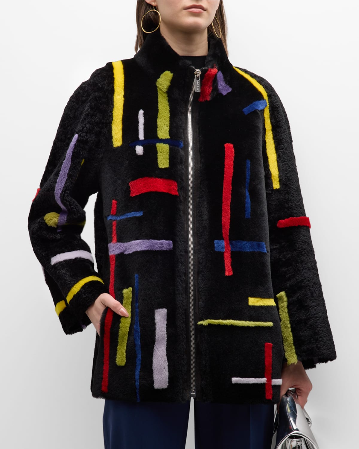 Abstract-Intarsia Shearling Lamb Zip Jacket